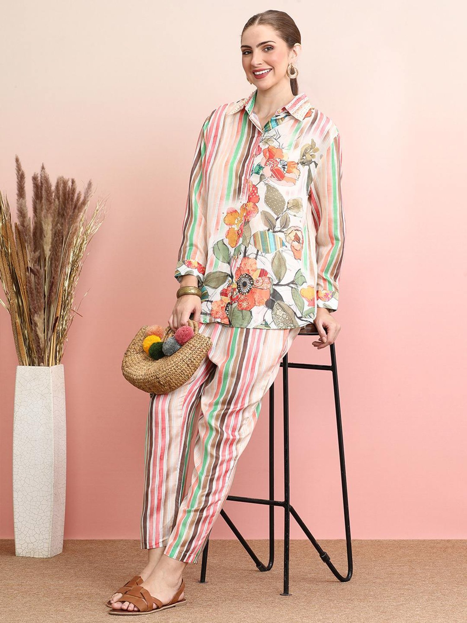 Indo Era Multicolored Floral Print Shirt Pant Set