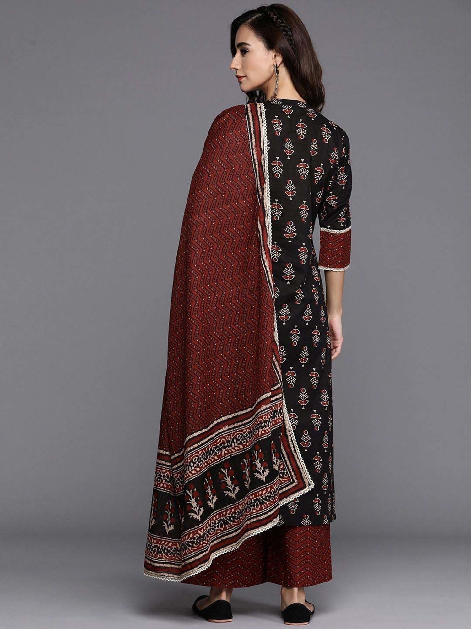 Libas Black & Maroon Cotton Printed Kurta Palazzo Set With Dupatta