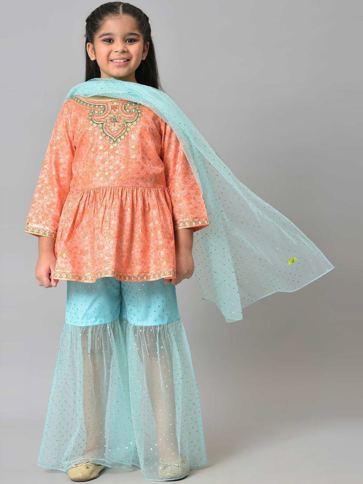 Aurelia Kids Peach & Blue Printed Full Sleeves Top Set