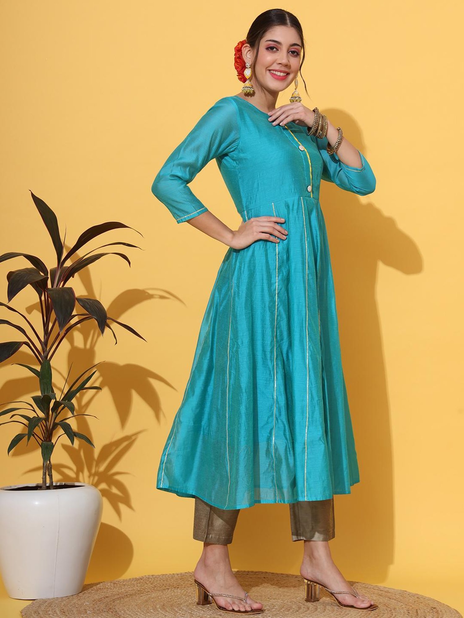 DECKEDUP Turquoise Regular Fit Kurta With Pants