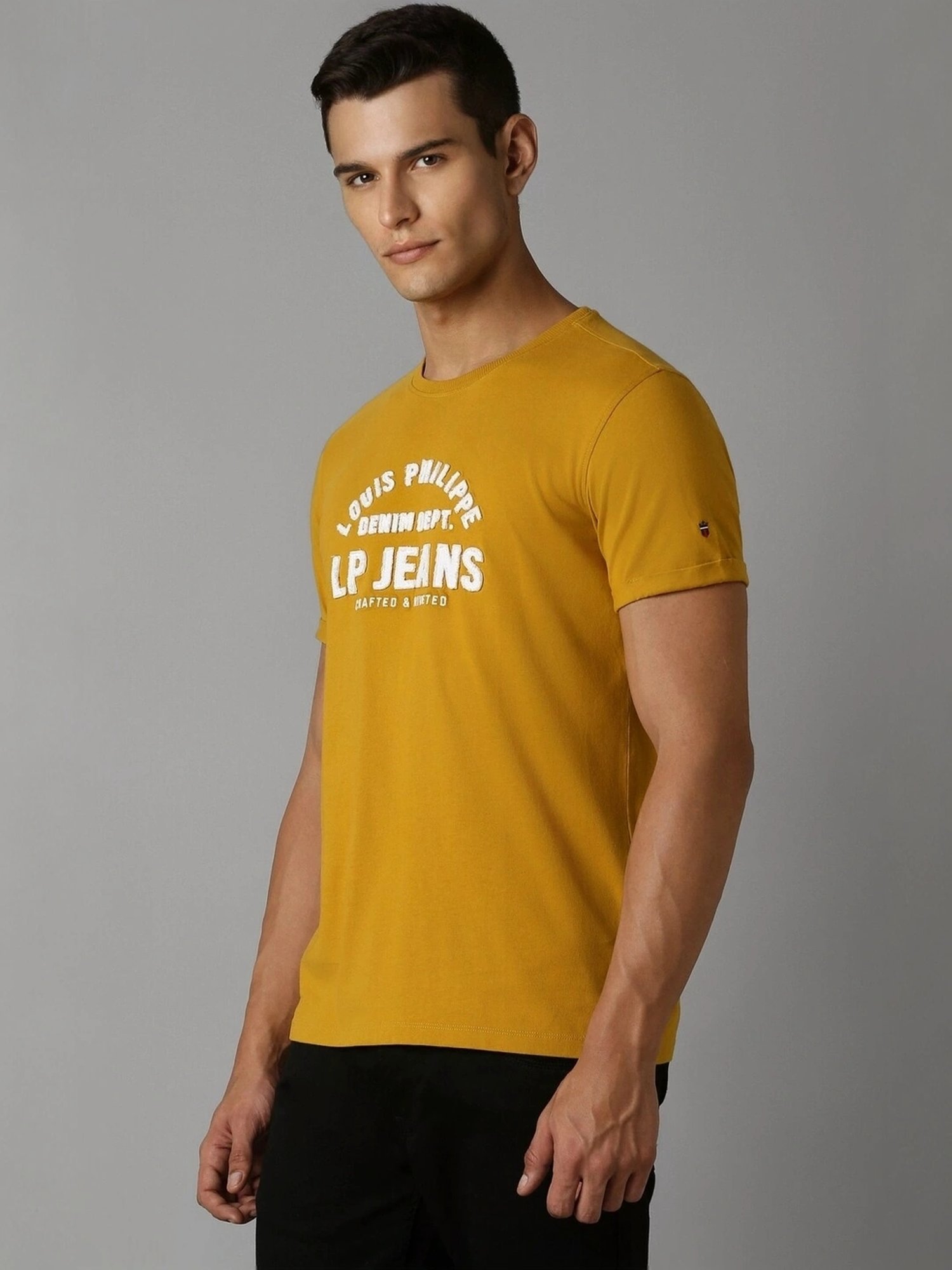 Louis Philippe Yellow Cotton Slim Fit Printed T-Shirt