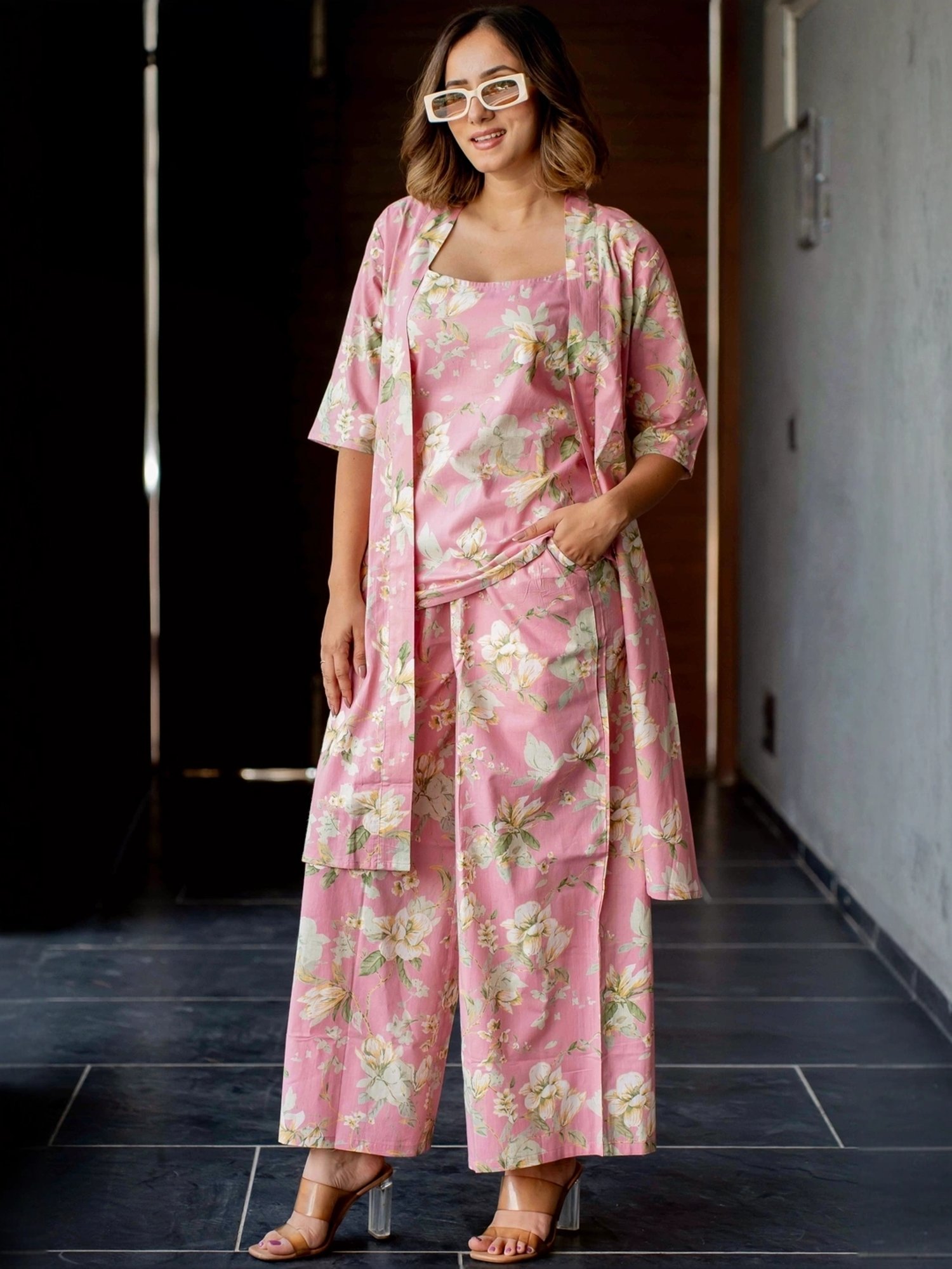 MIRCHI FASHION Pink Cotton Printed Top Palazzo Set With Shrug