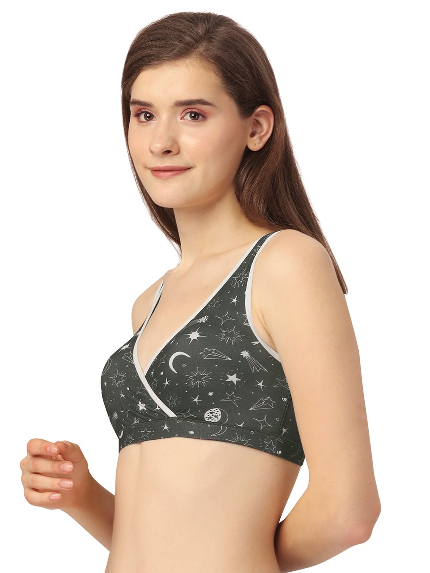 Soie Dark Olive Printed Medium Coverage Lounge Bra With Removable Cups