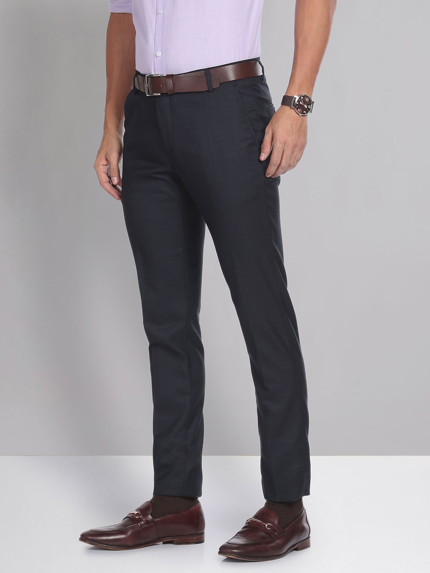 AD by Arvind Navy Slim Fit Flat Front Trousers
