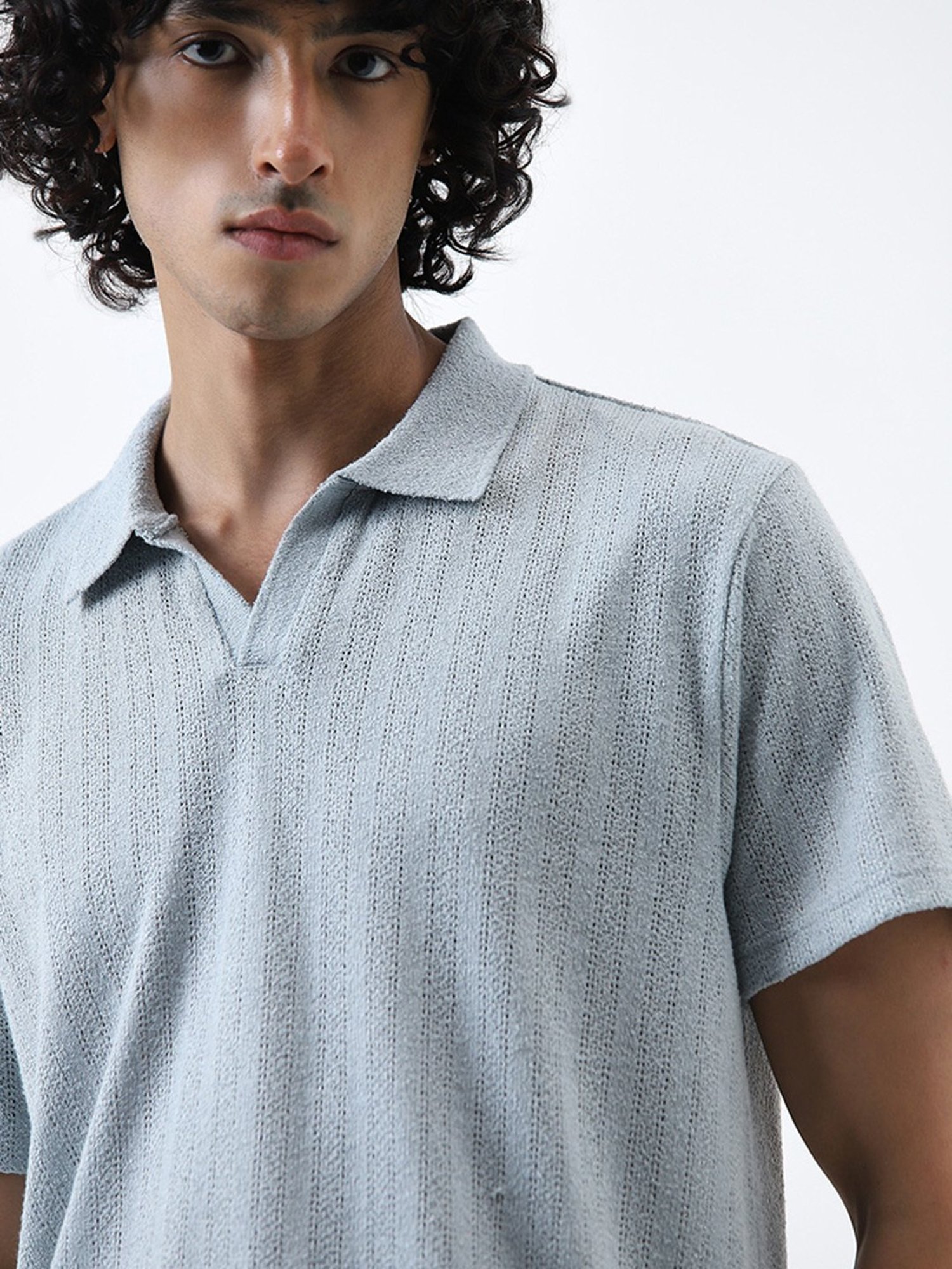 ETA by Westside Light Blue Textured Relaxed Fit T-Shirt