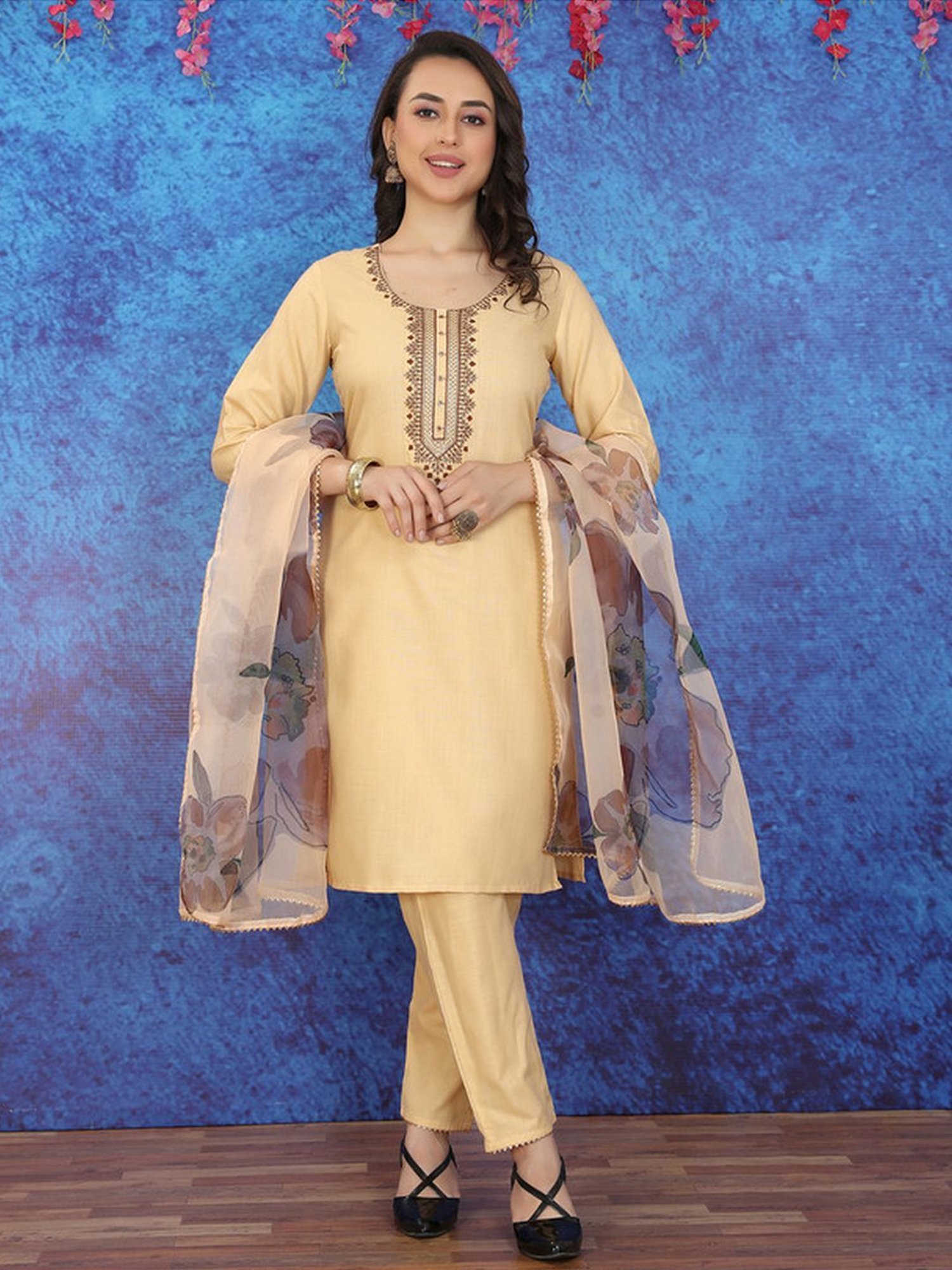 Skylee Beige Embroidered Kurta Pant Set With Dupatta
