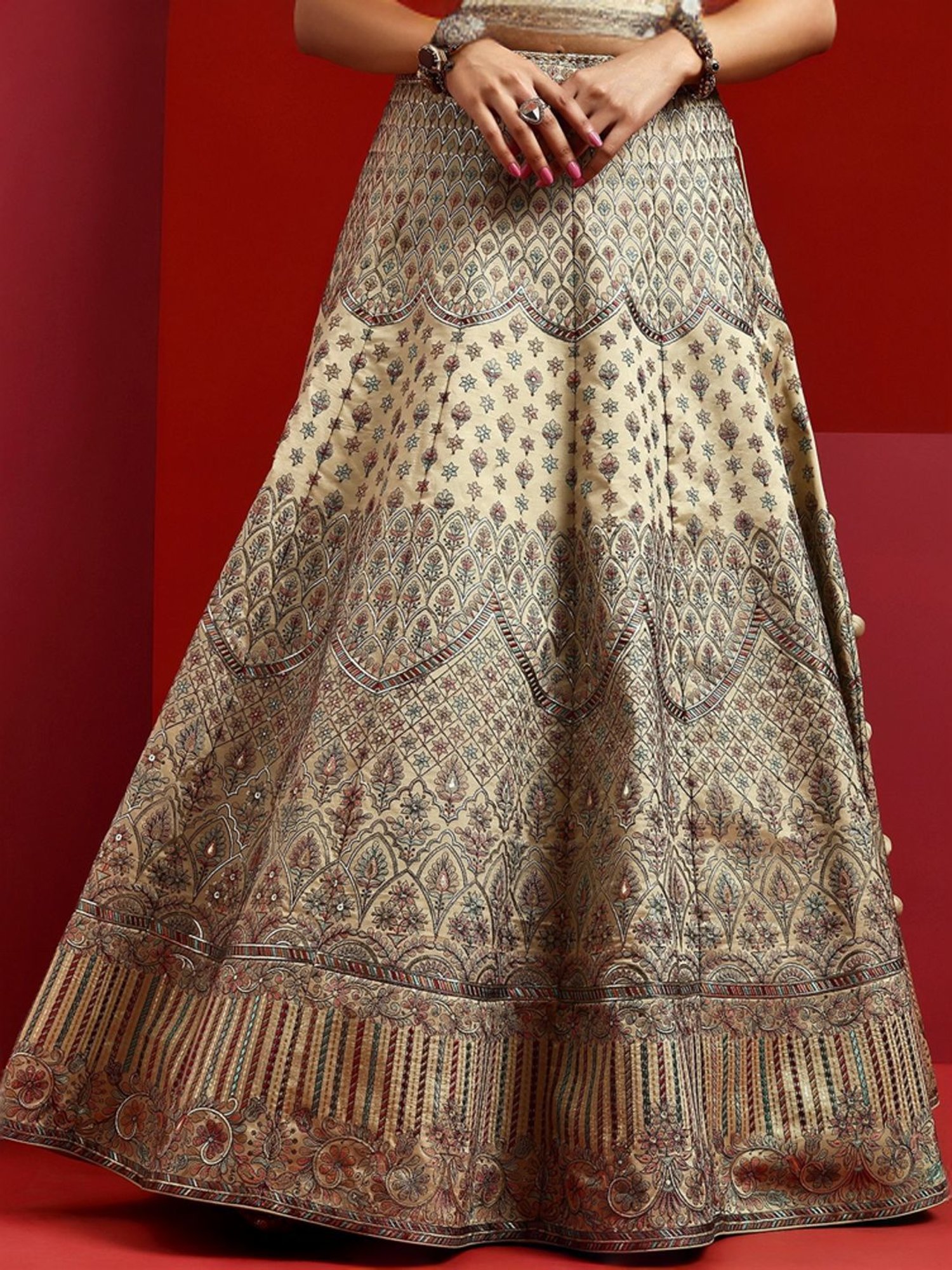 Silk Land Beige & Blue Woven Pattern Semi Stitched Lehenga Choli Set With Duppata