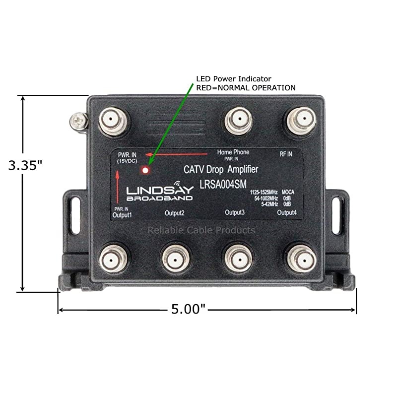 Cable TV/Internet Digital Signal Amplifier/Booster/Splitter with Unity Gain, Modem Bypass Port and MoCA Support, F59 Terminators (Lindsay LRSA004SM)