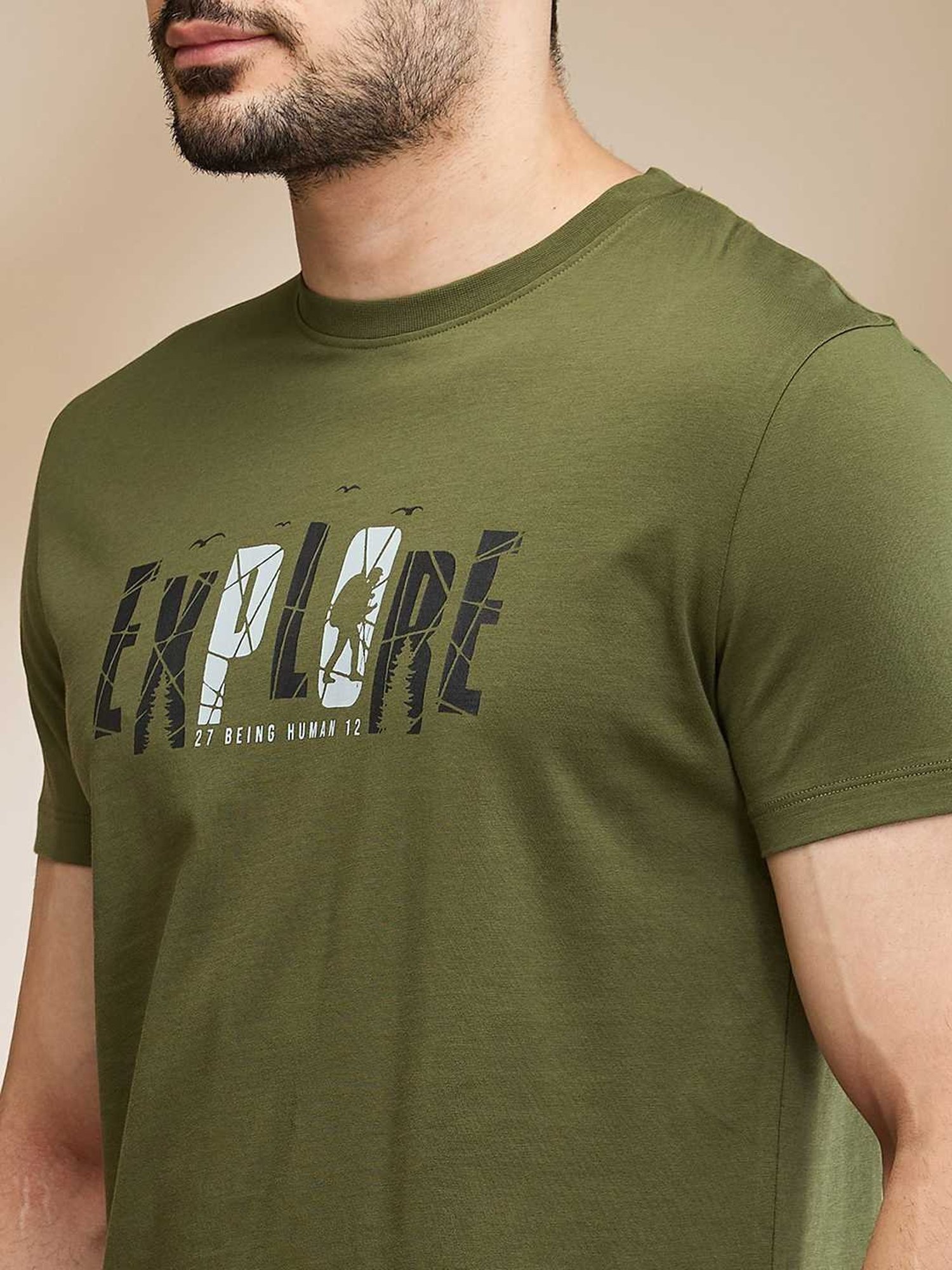 Being Human Dark Green Regular Fit Printed T-Shirt