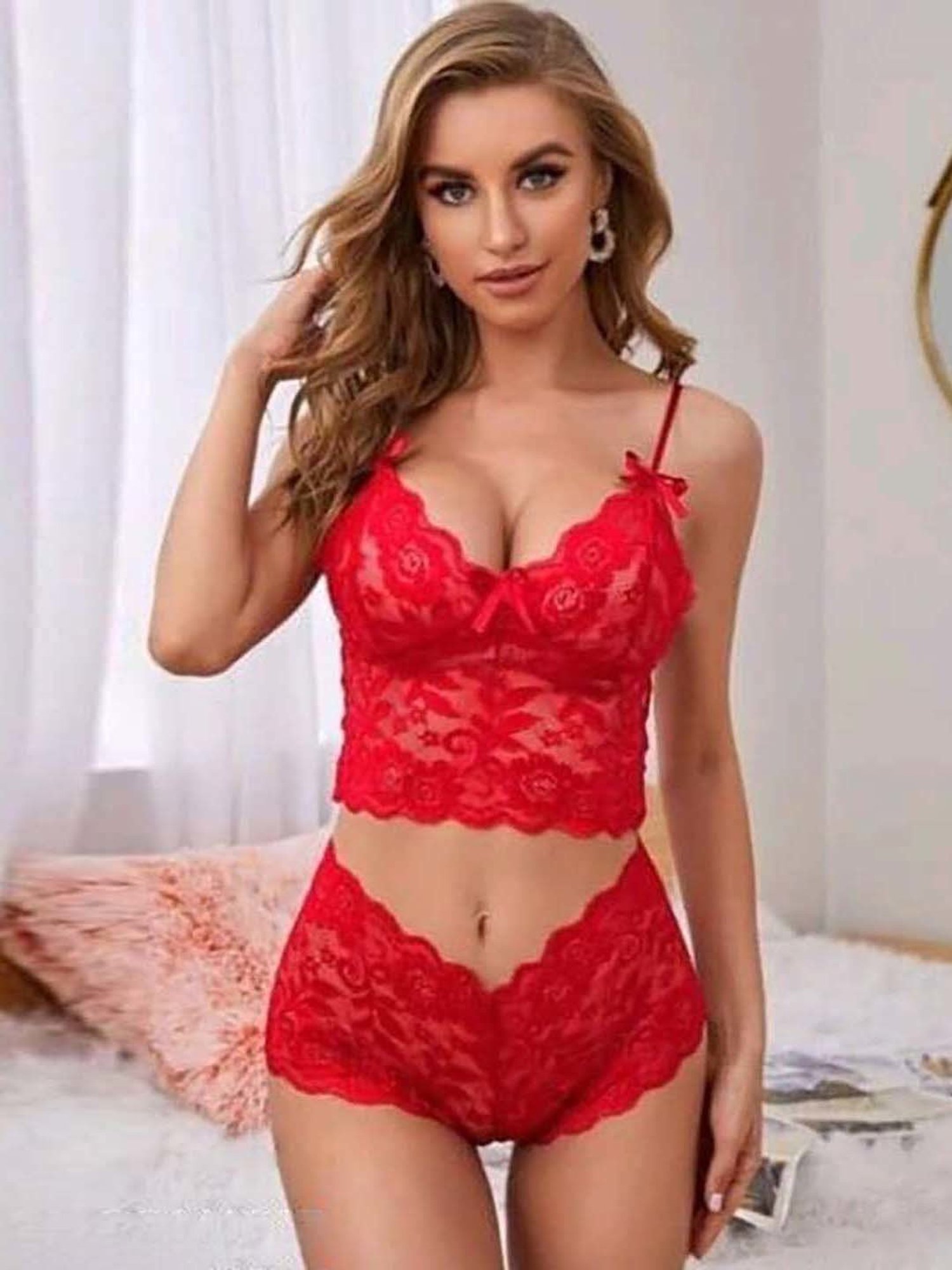 AROUSY Red Self Pattern Bra Panty Set