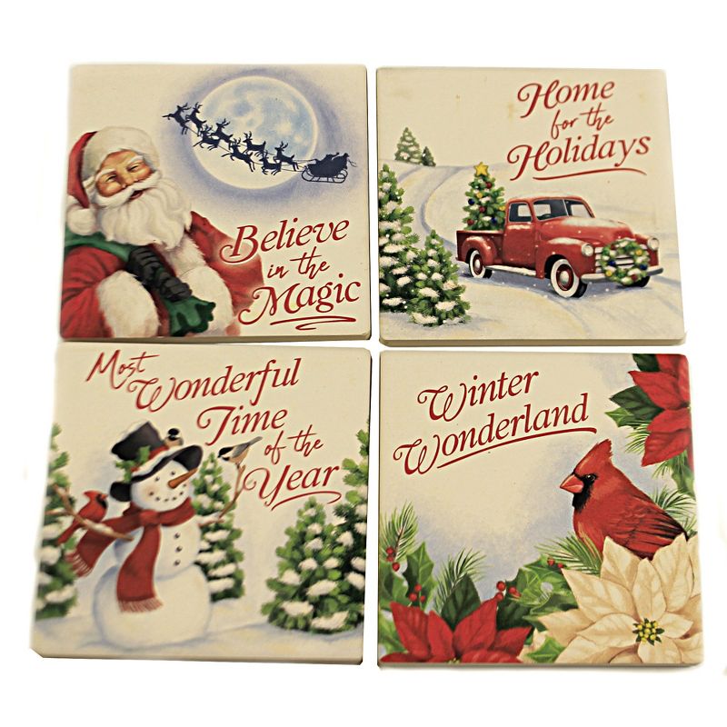 Tabletop 4.0" Christmas Wonder Coasters Snowman Truck Santa Cardinal Carson Home Accents  -  Coasters