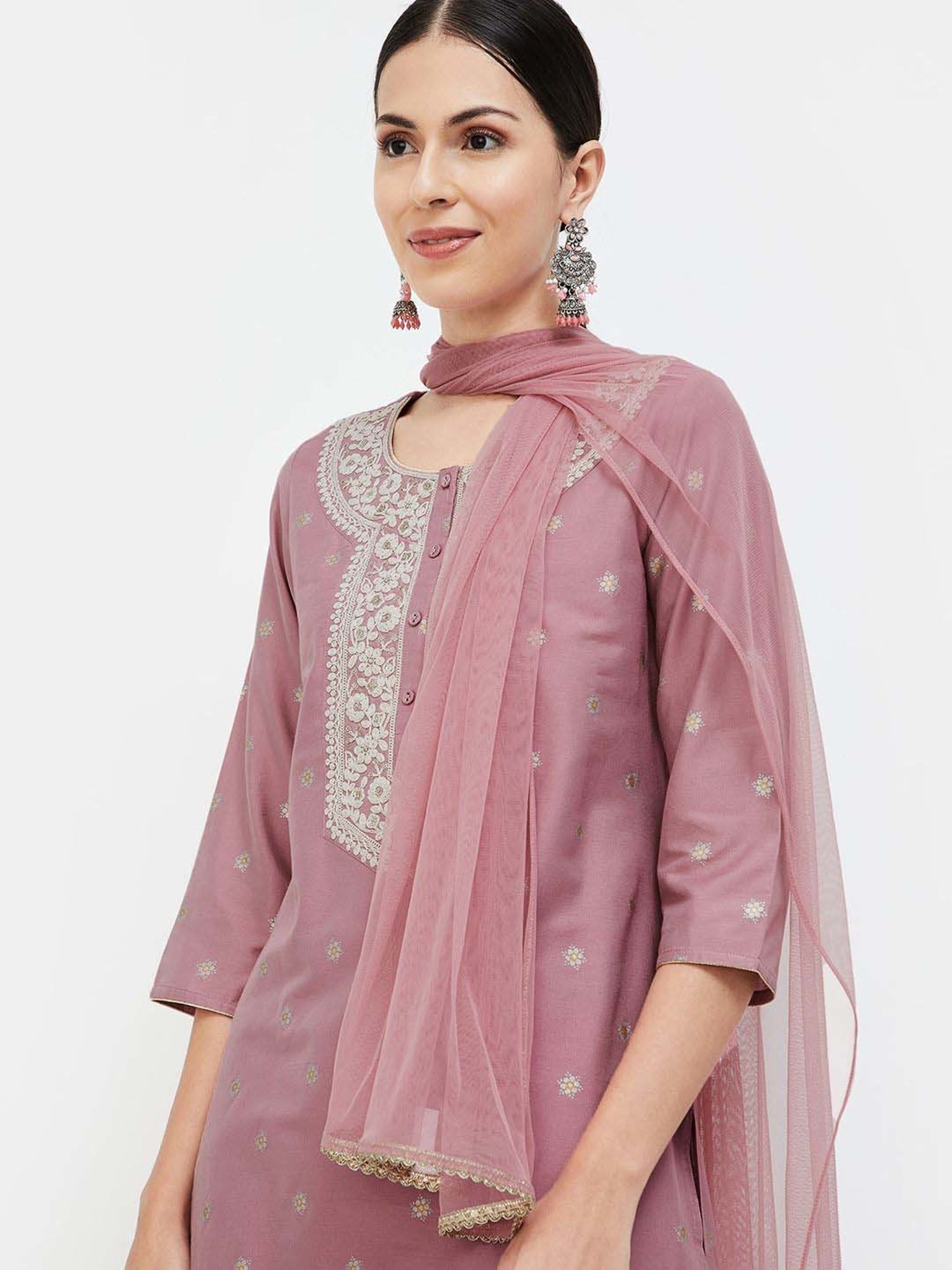 Melange by Lifestyle Purple Embroidered Kurta & Palazzo Set With Dupatta