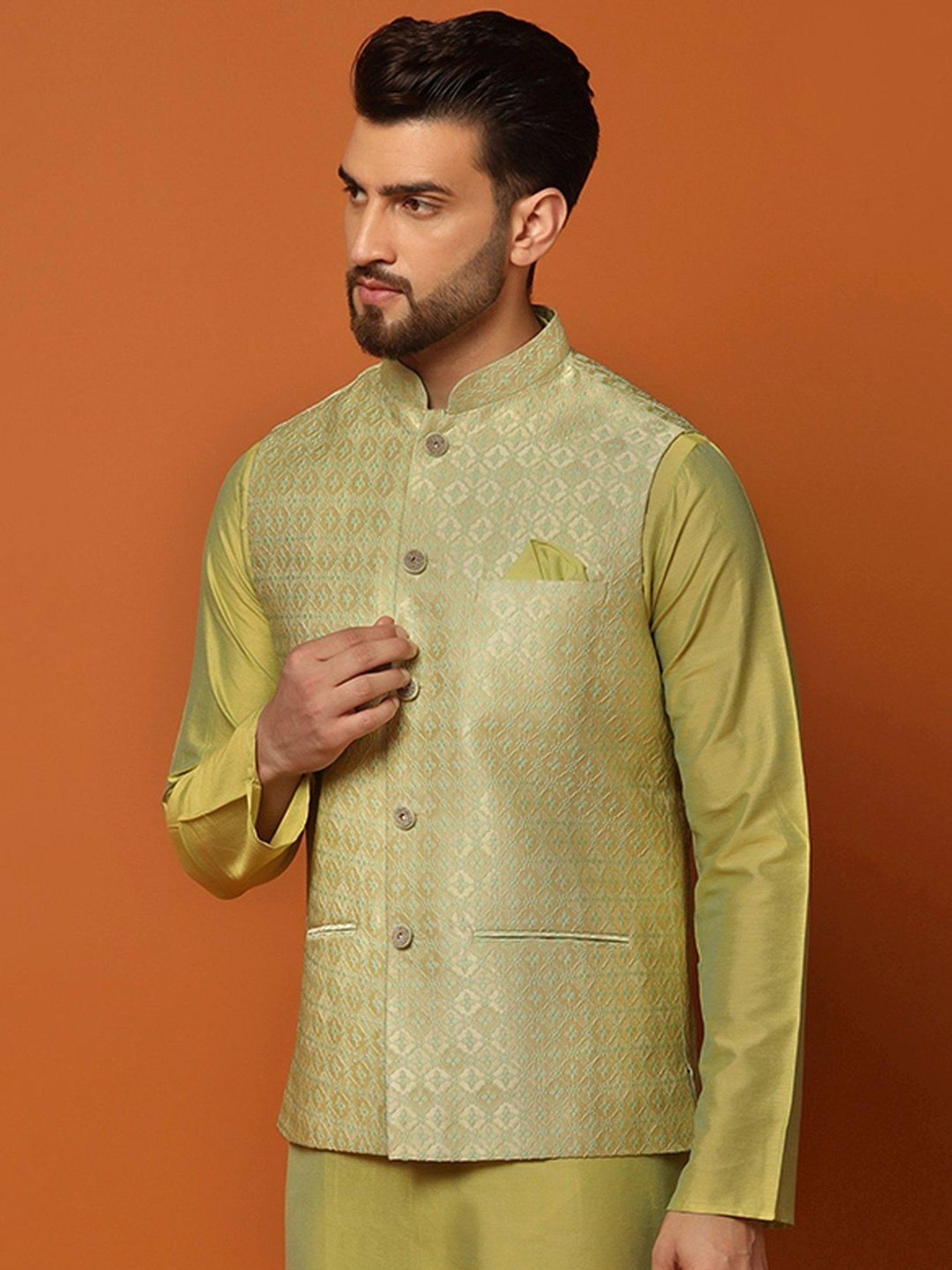KISAH Green Regular Fit Self Pattern Nehru Jacket