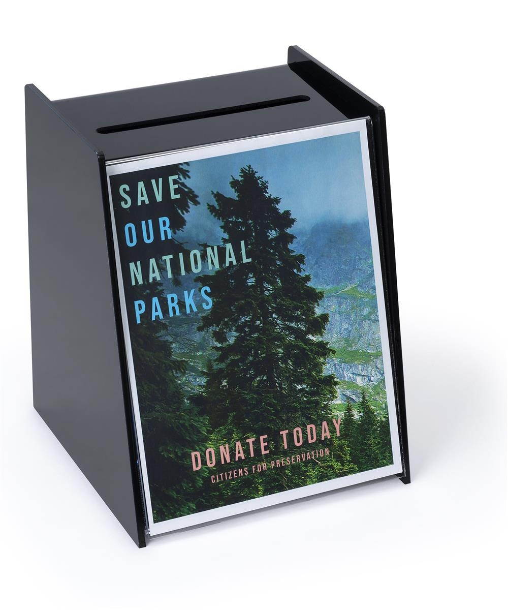 Acrylic Ballot Box With Holder for 8.5 by 11 Inch Sign - Black (RB)