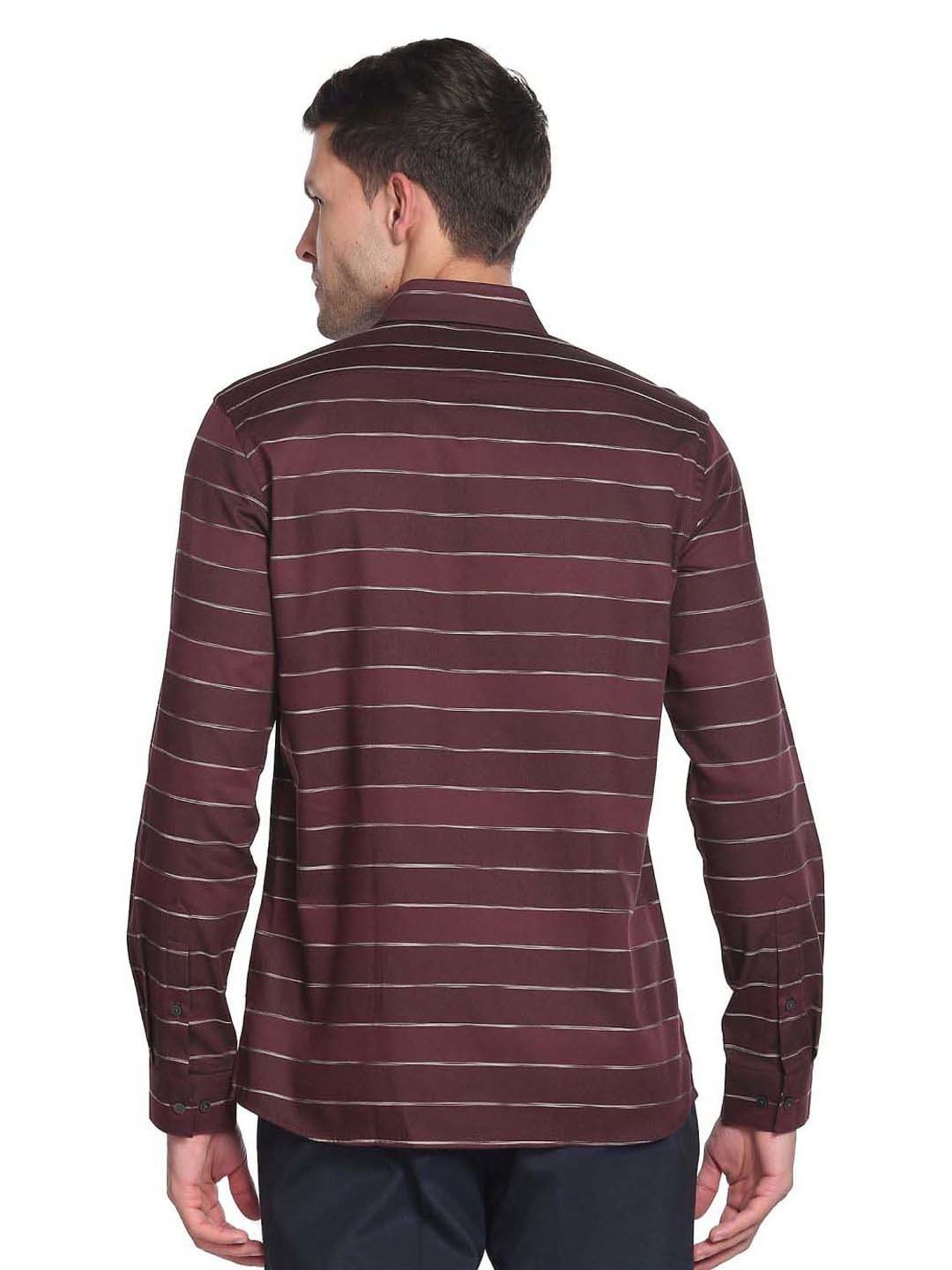 Arrow New York Dark Purple Cotton Slim Fit Striped Shirt