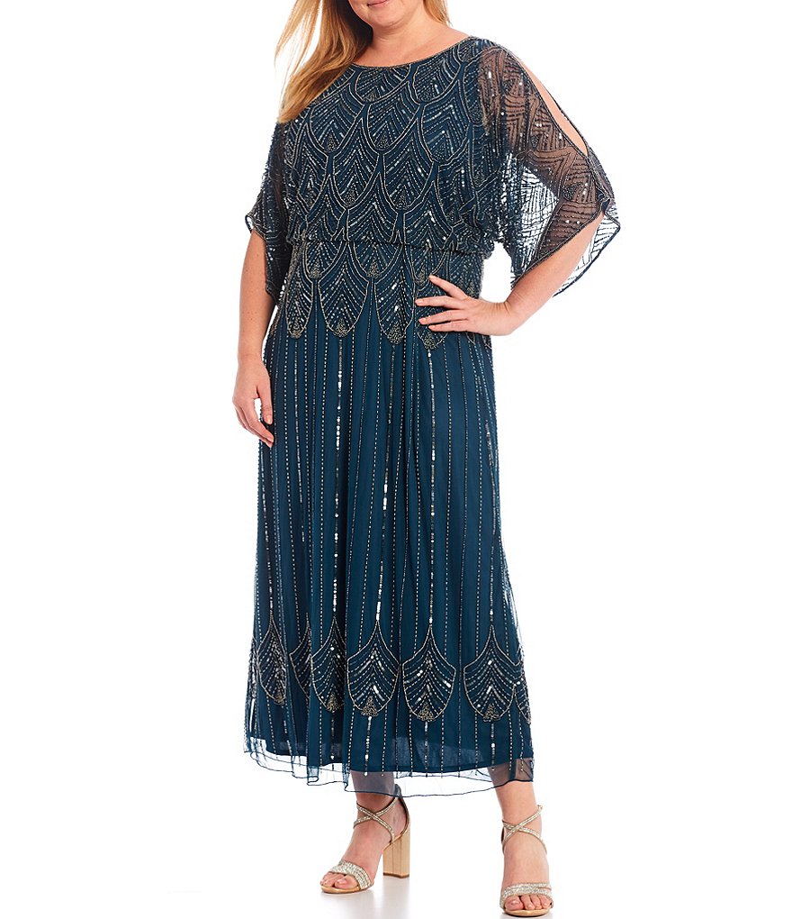 Pisarro Nights Plus Size Boat Neck 3/4 Sleeve Beaded Blouson Cold Shoulder Gown