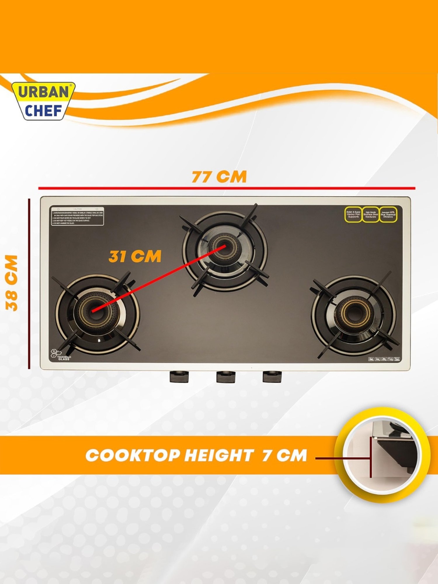 Urban Chef Gas Stove with 3 Burners ( Silver )