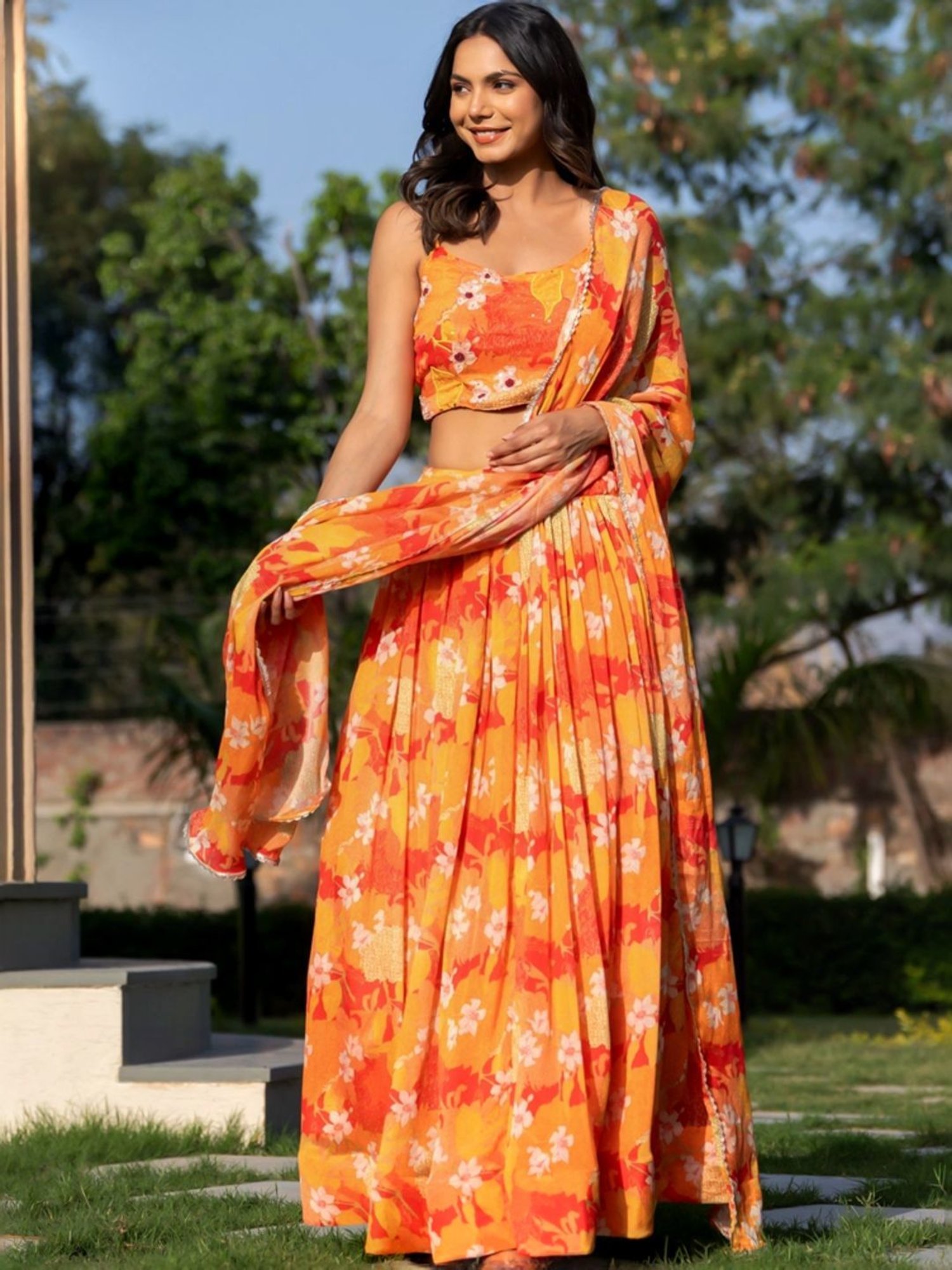 HOUSE OF JAMOTI Orange & Yellow Printed Lehenga Choli Set With Dupatta