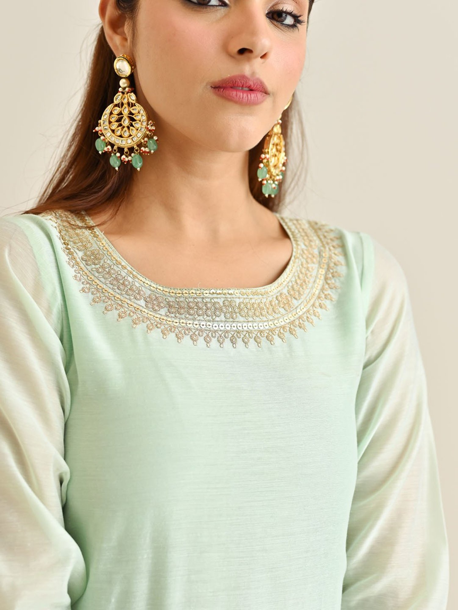 Rustorange Mint Green Embroidered Kurta With Pant & Dupatta