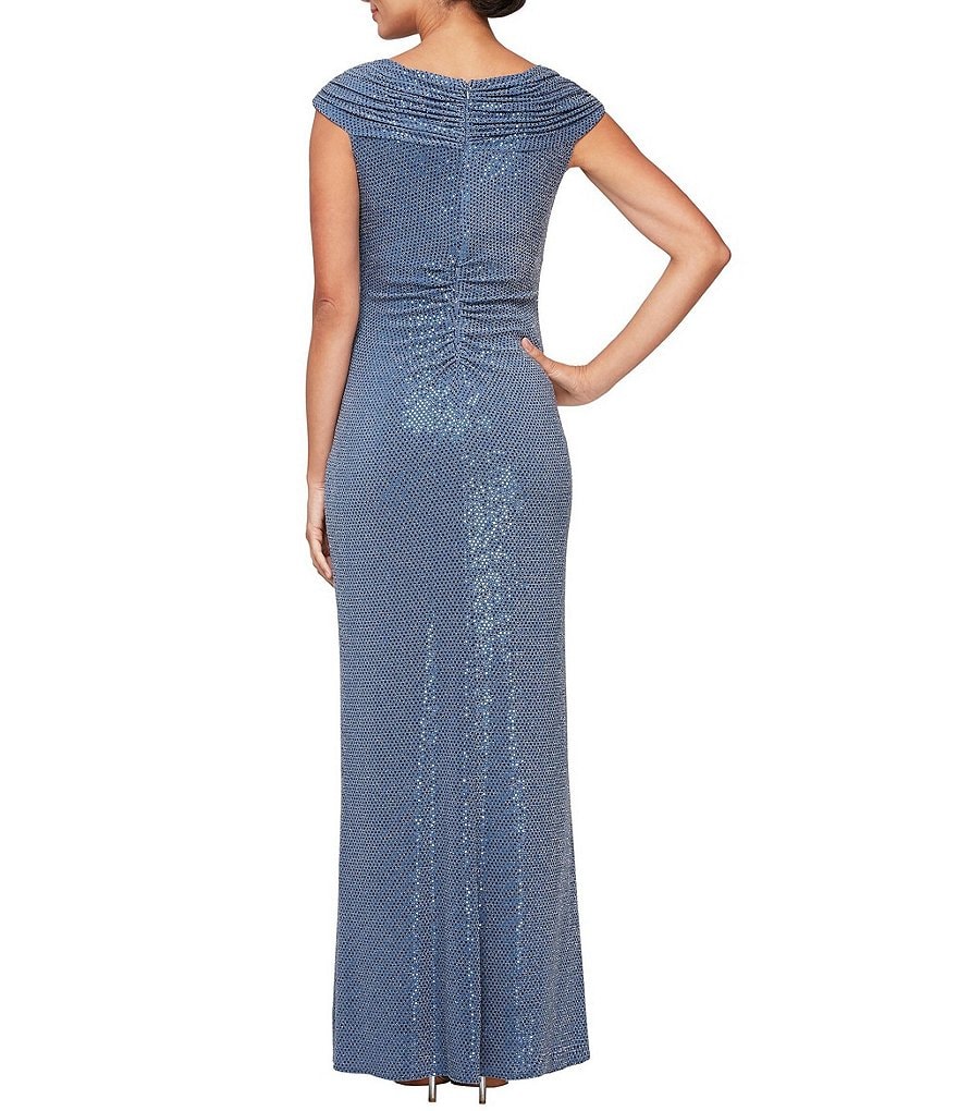 Alex Evenings Cap Sleeve Pleated Sequin Stretch Metallic Knit Gown