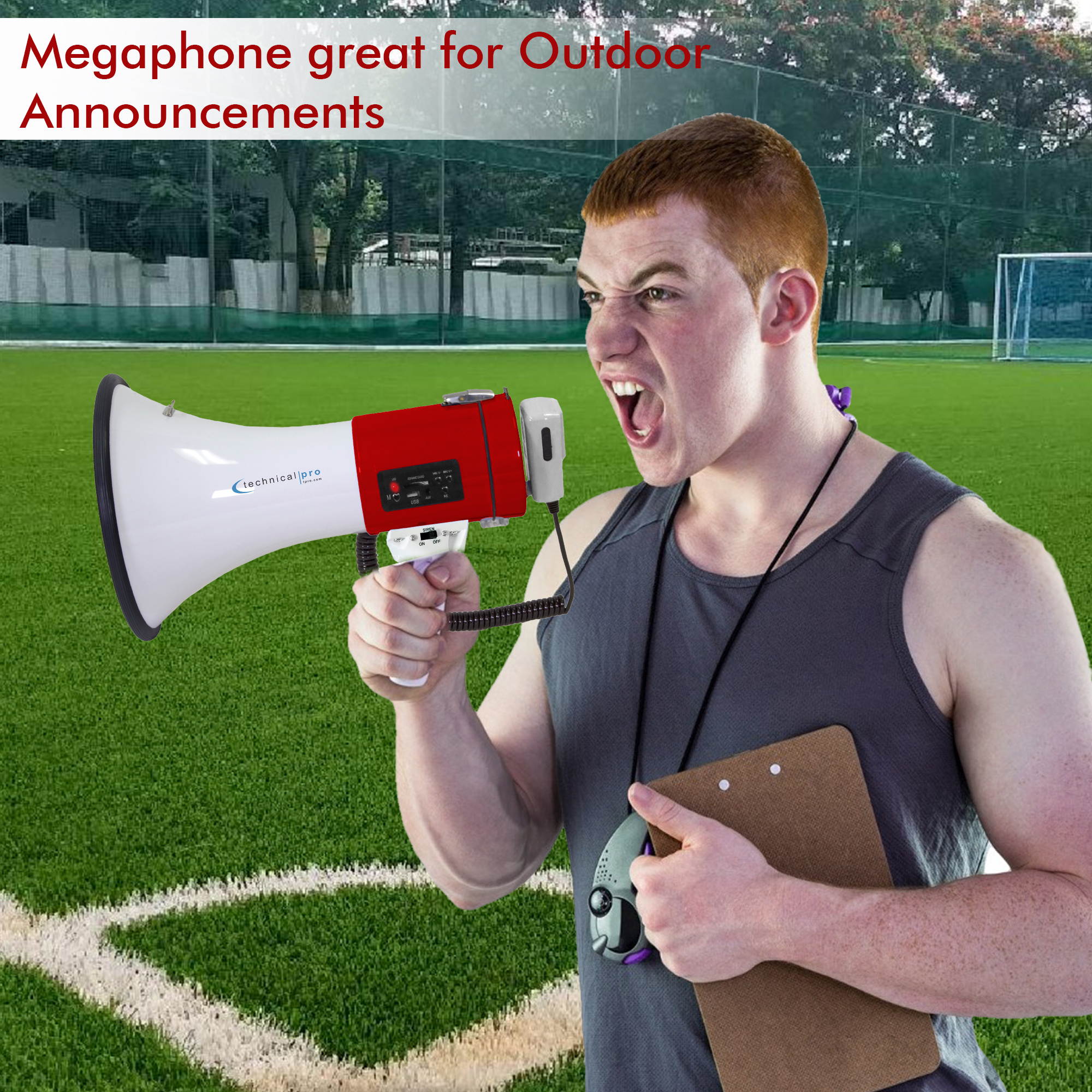 Technical Pro Portable 50-Watt Megaphone Bullhorn Speaker w/ Siren & Detachable Microphone - Rechargeable Megaphone Battery w/ a Built-In AC Wall Charger, Good for Trainers, Coaches, Cheer Leaders