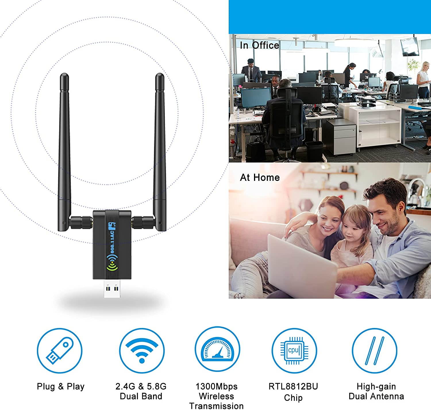 Wireless USB WiFi Adapter for PC: 1300Mbps WiFi USB, 802.11AC WiFi Adapter for Desktop PC, Dual Band WiFi Dongle Wireless Adapter for WIN7 8 10 XP Vista MAC Linux, USB Computer Network Adapters