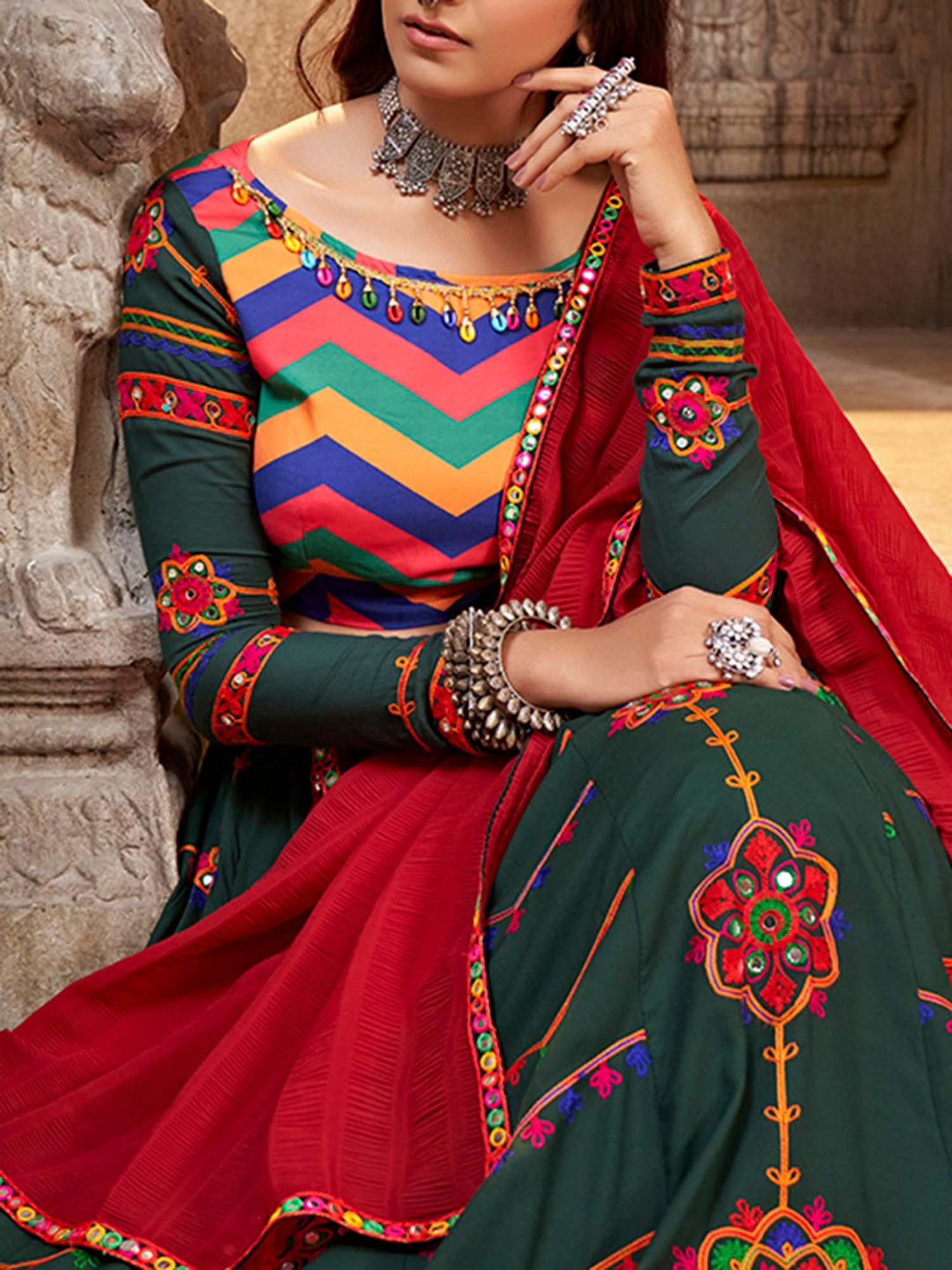 SHUBHKALA Green Embroidered Lehenga Choli Set With Dupatta