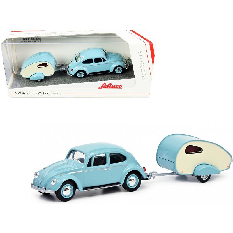 Volkswagen Kafer Light Blue with ES-Piccolo Travel Trailer Light Blue and Cream 1/64 Diecast Model Car by Schuco