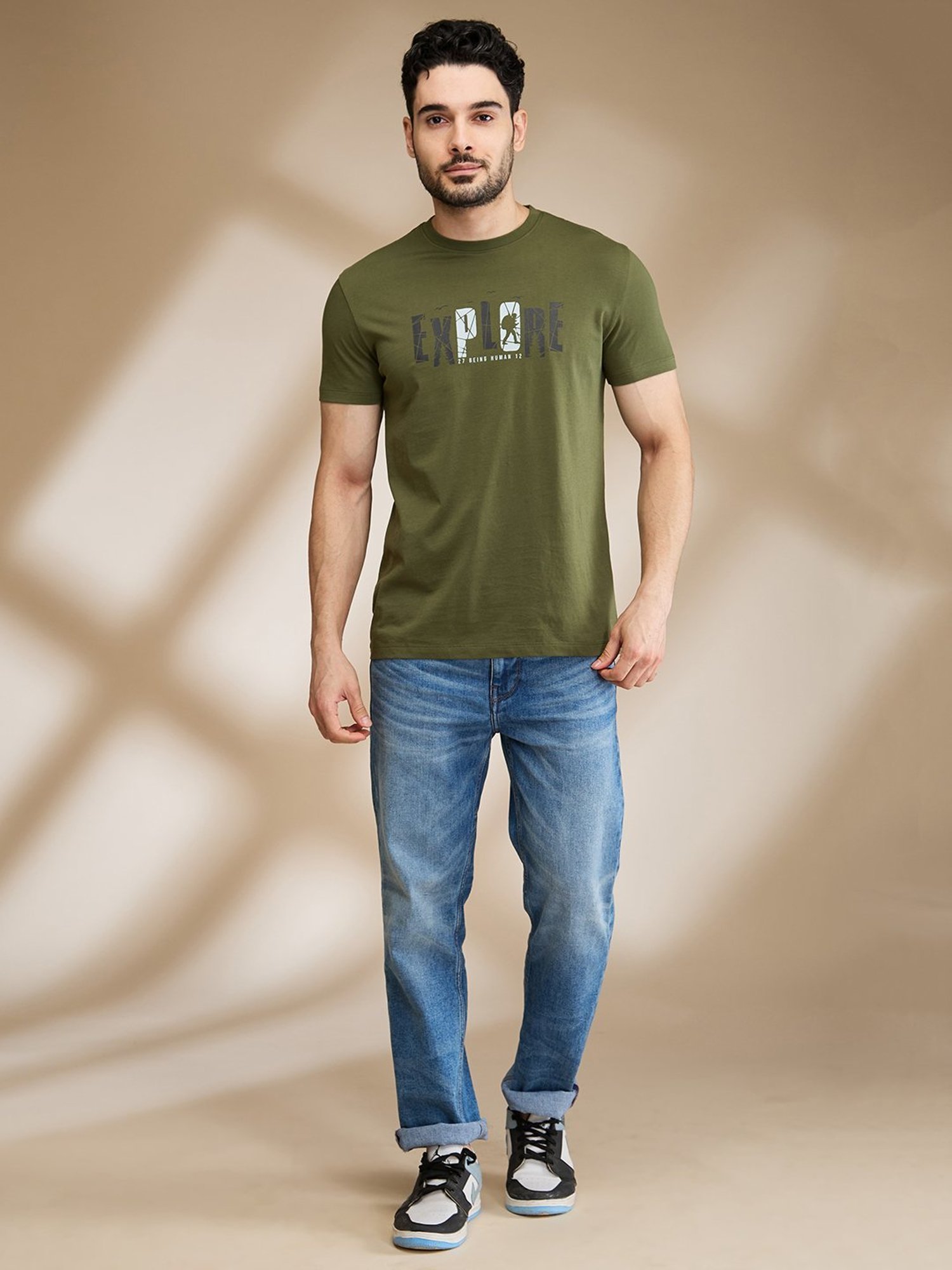 Being Human Dark Green Regular Fit Printed T-Shirt