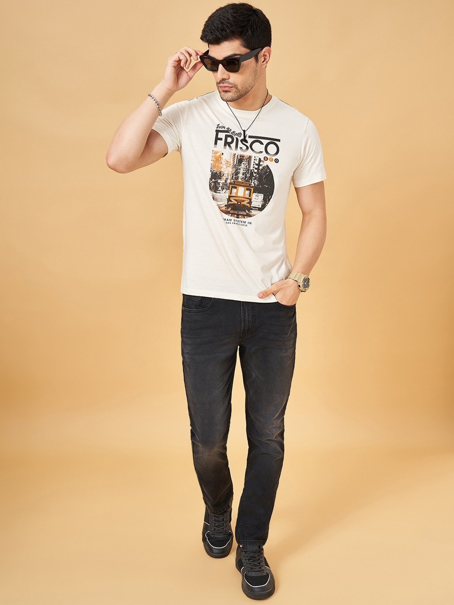 Sf Jeans By Pantaloons White Slim Fit Printed T-Shirt