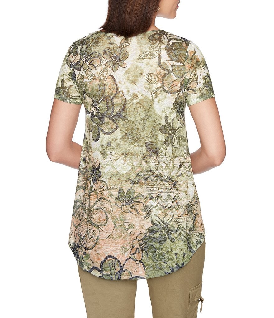 Calessa Petite Size Matte Jersey Knit Button Front Roll Tab Blouse