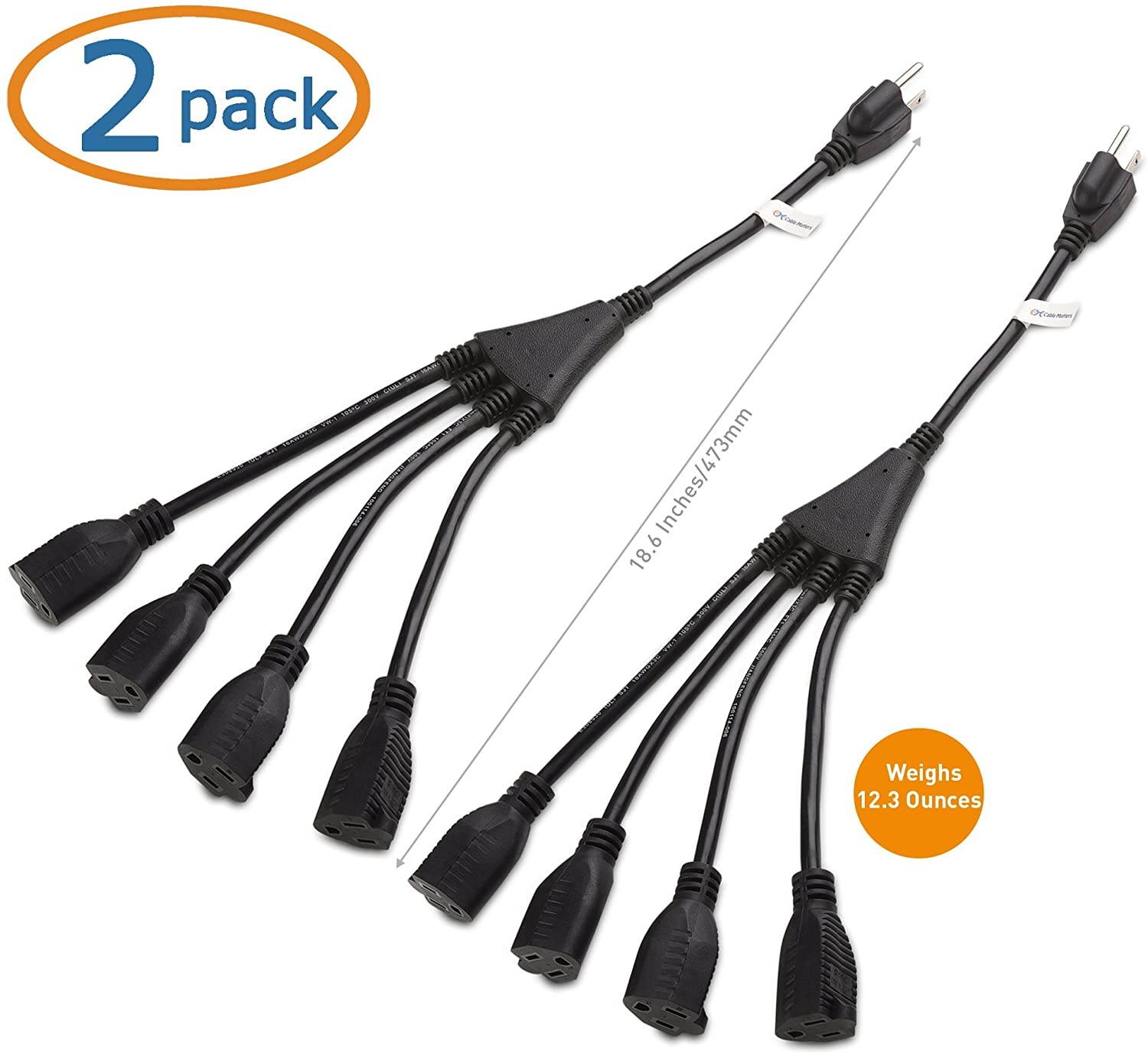 2-Pack 4 Outlet Power Splitter Cord (Power Cord Splitter) 1.5 Feet