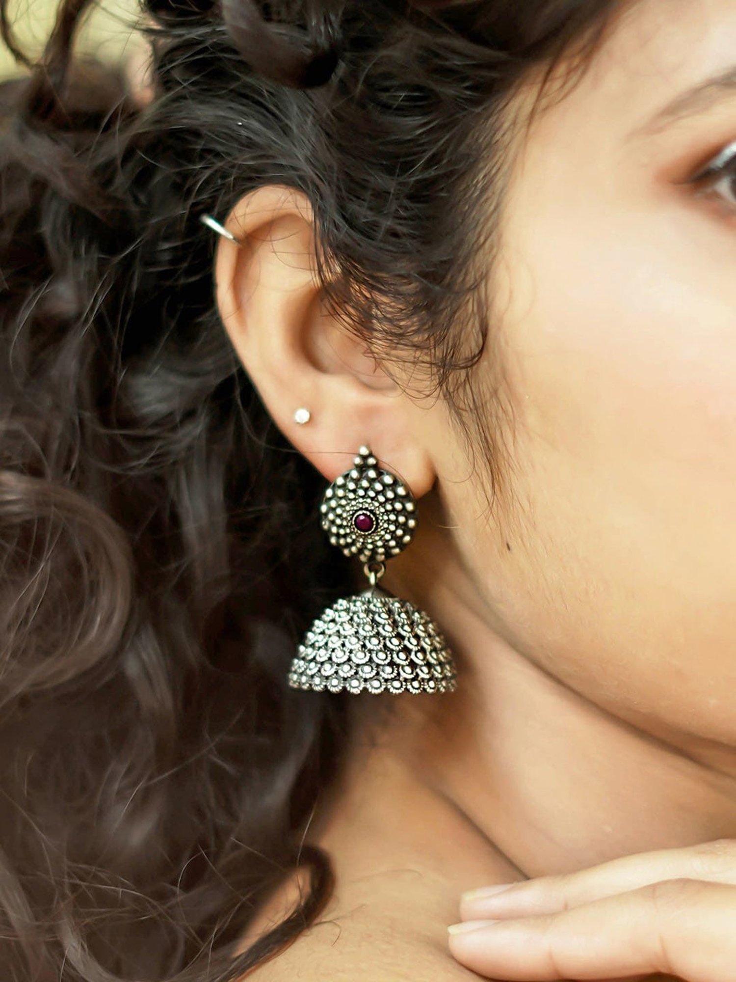 Teejh Dharvi Red Stone Antique Silver Jhumki Earrings