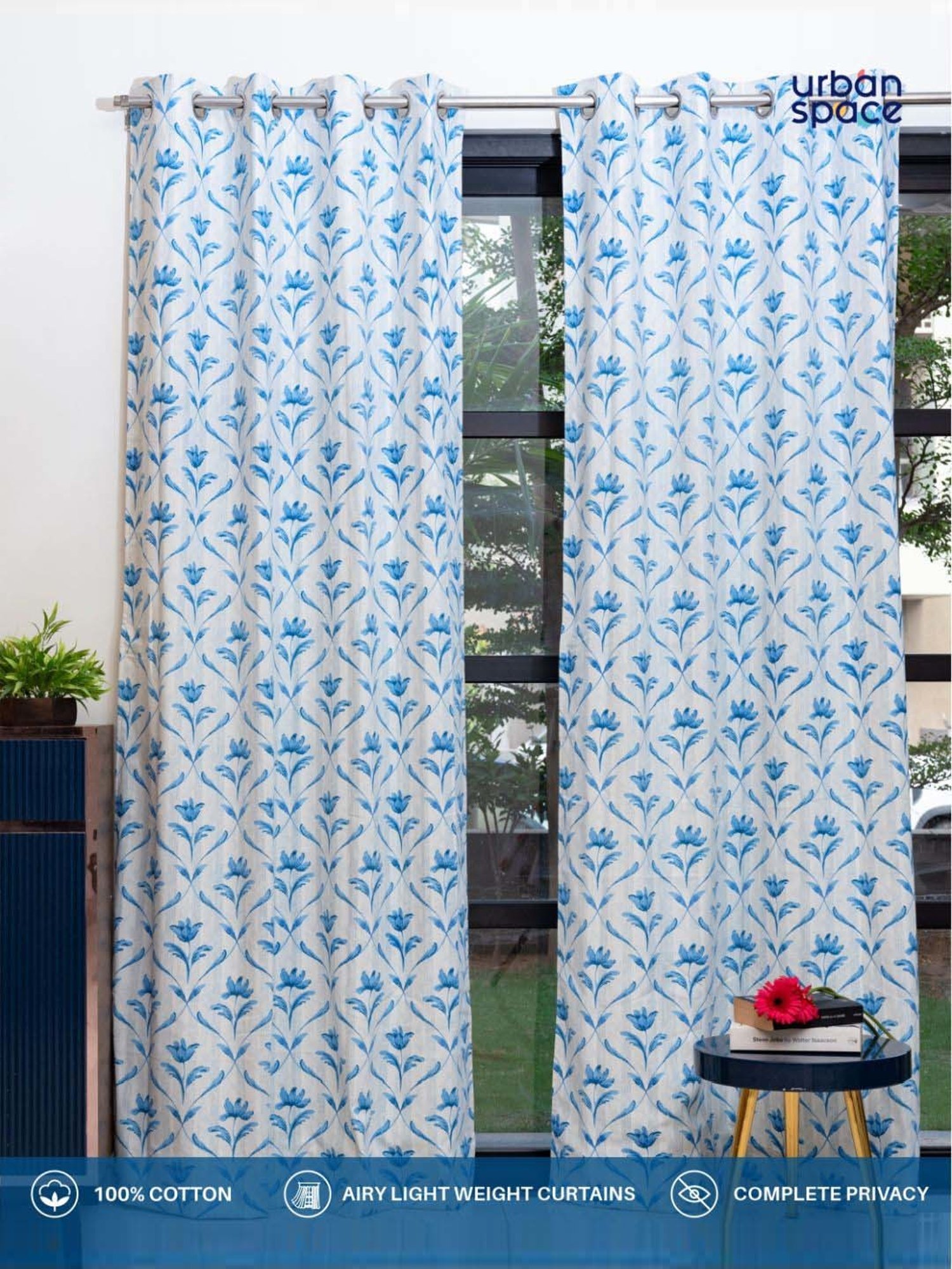 Urban Space White & Blue Cotton Water Lily Printed Window Curtain - Set of 2