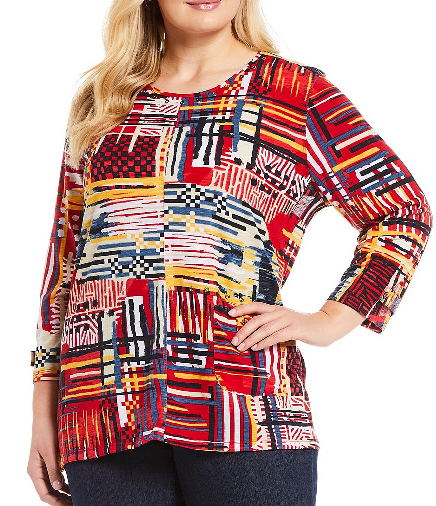 Multiples Plus Size Lines Patchwork Print Embellished Detail Scoop Neck 3/4 Sleeve Knit Top