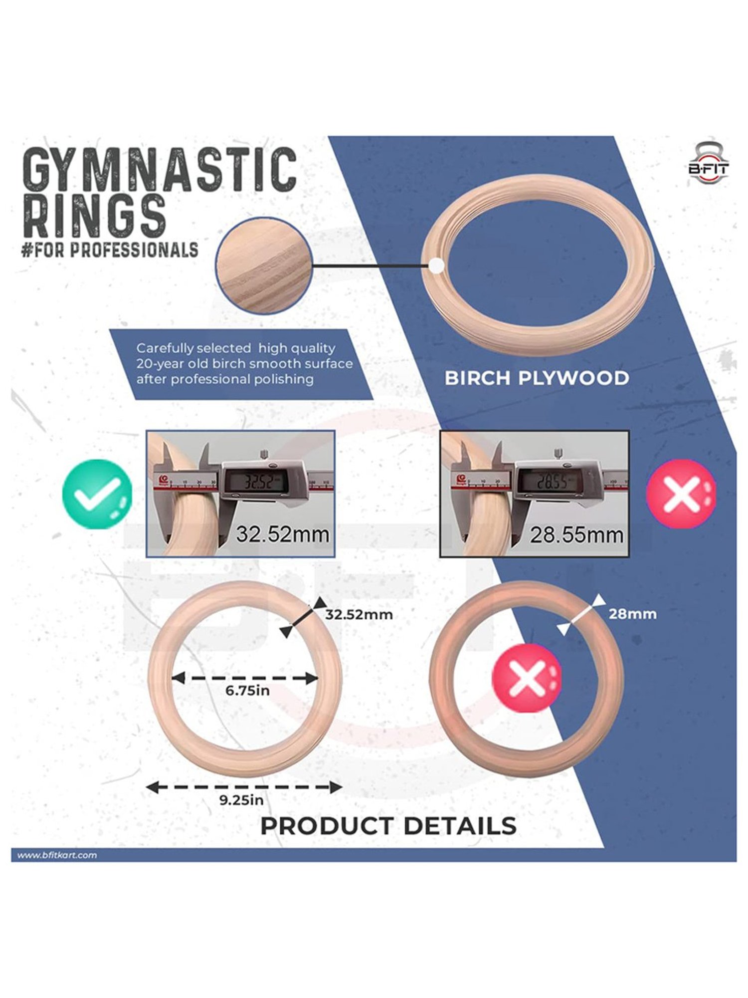 B Fit Wooden Gymnastic Rings with Heavy Duty Adjustable Straps (Black)