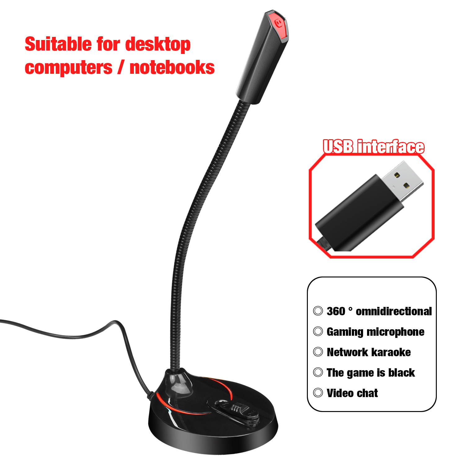 HXSJ F12 Computer Microphone 360 Degree Flexible USB Microphone Drive-free Voice Chat Video Conference Microphone Black