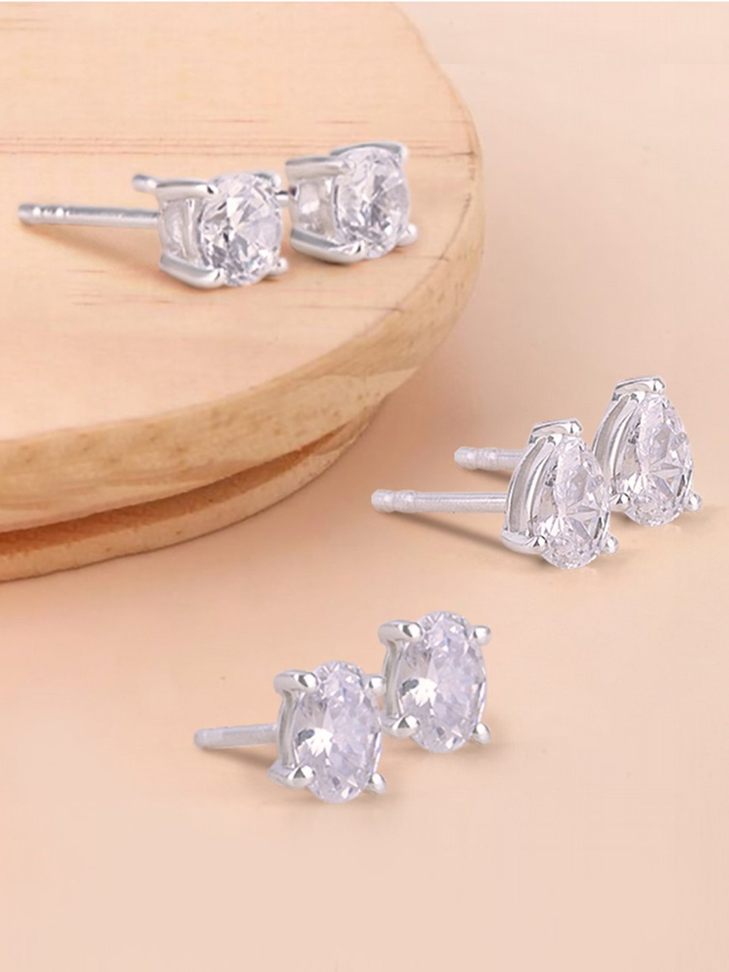 Ornate Jewels 925 Silver American Diamond Cubic Zirconia Stud Earring - Set of 3