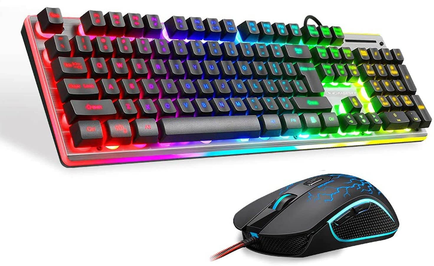 Gaming Keyboard and Mouse Combo, MageGee GT838 RGB Backlit Keyboard 104 Keys Aluminum Panel USB Quiet Wired Computer Keyboard for Windows PC Laptop - Black/Silver