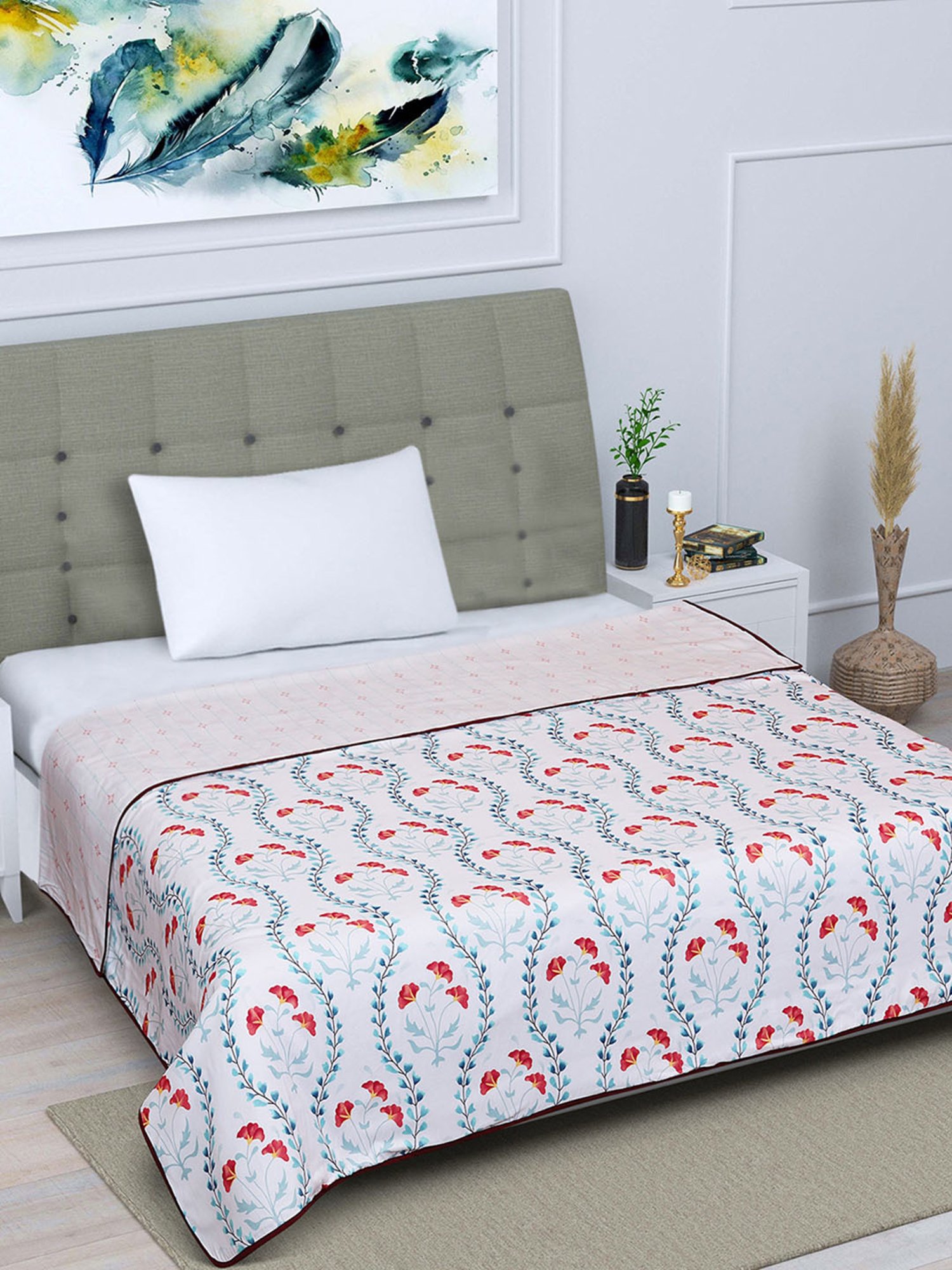 Romee White Cotton Floral Blankets Quilts and Dohars