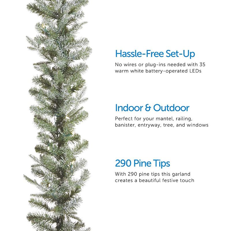 Noma Frosted Fir 9 Foot Pre Lit 290 PE and PVC Pine Needle Christmas Garland Indoor and Covered Outdoor Home Holiday Mantle Decor