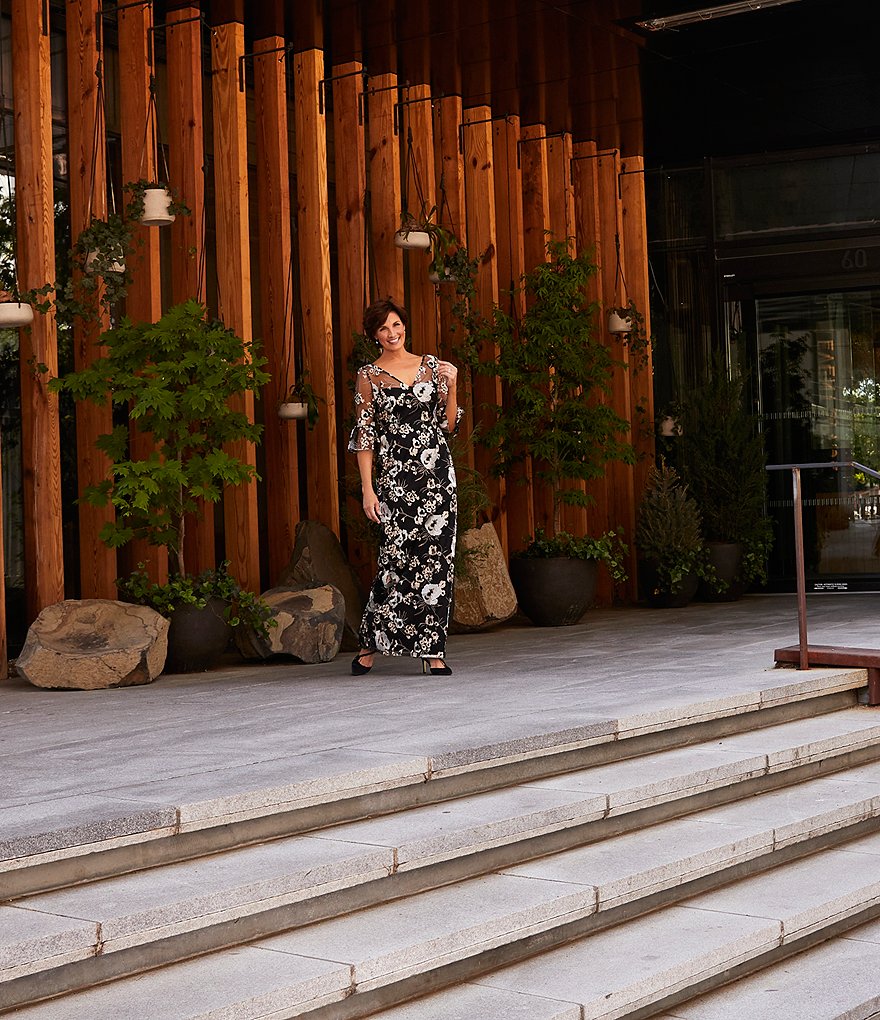 Adrianna Papell Floral Embroidered V-Neck Elbow Bell Sleeve Gown