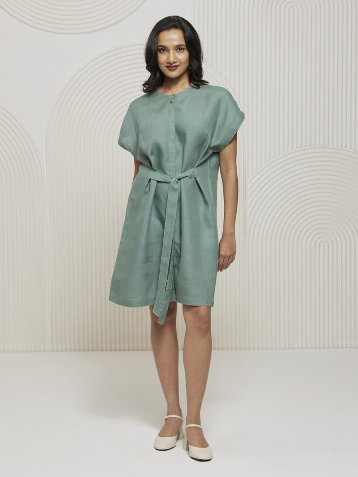 Artagai Nilgiri Green Kantha Extended Sleeve Dress with Front Tie Up