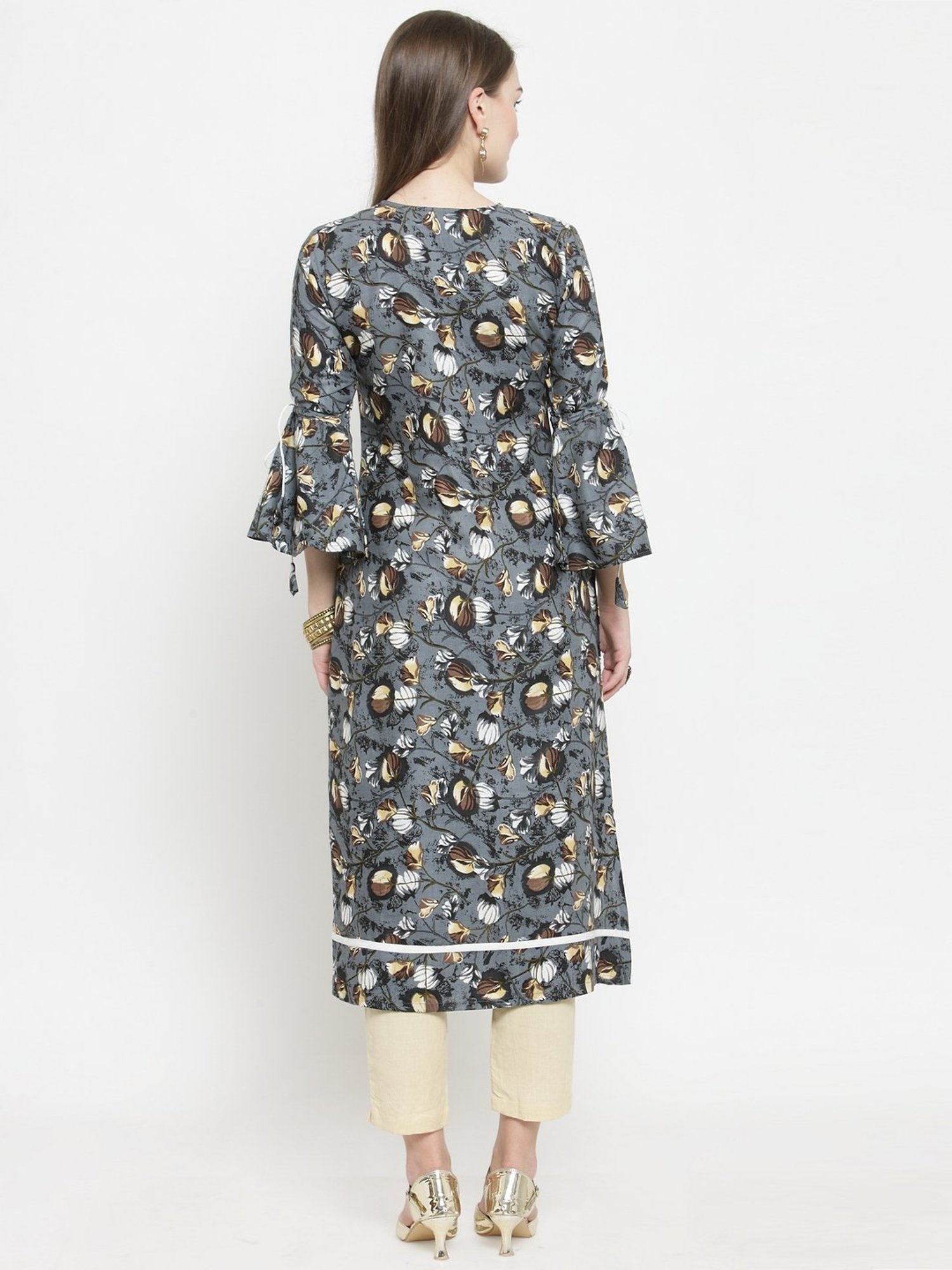 Indibelle Grey Floral Print Straight Kurta