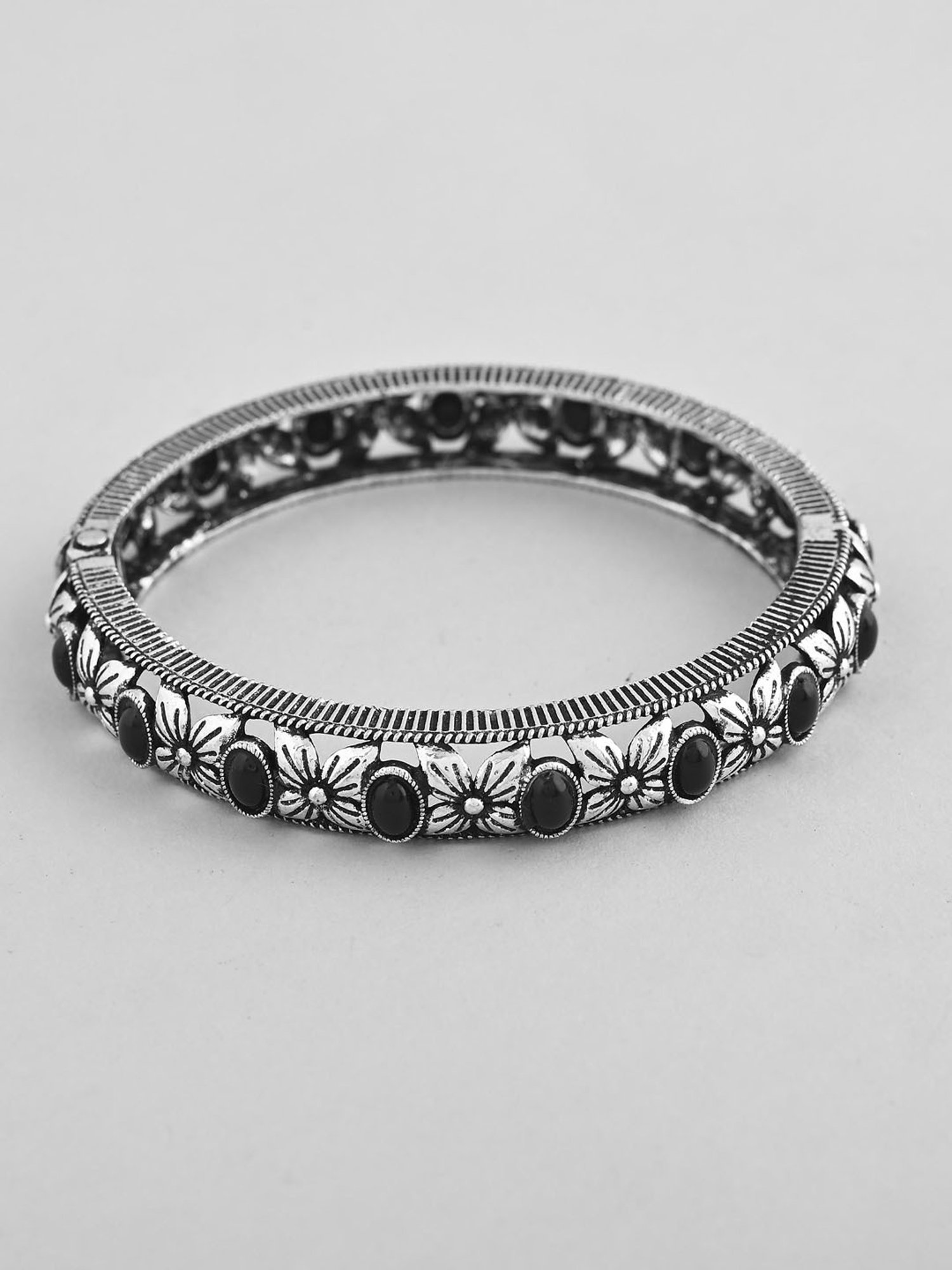 VOJ Rhodium Plated Black Stone Studded Kada Bracelet