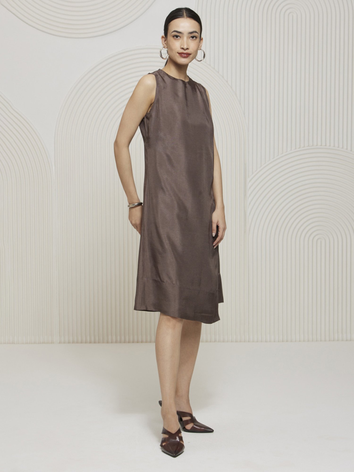 Artagai Granite Grey Elevated Basics Knee Length Dress with Pleat Detail At Shoulder