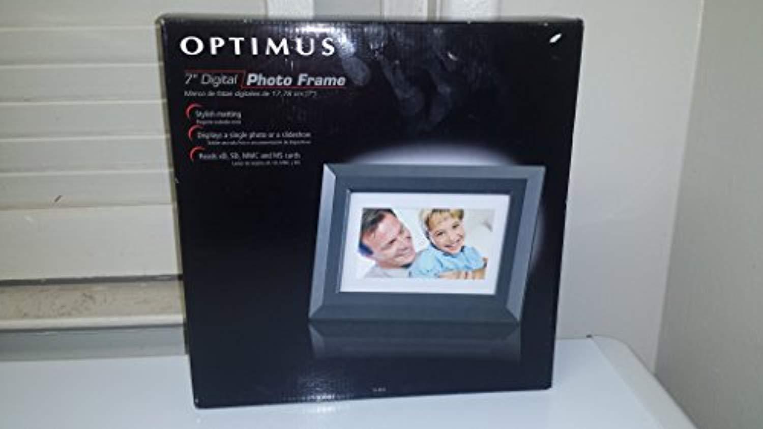 optimus 7 inch digital photo frame, display a single photo or a sideshow, reads xd, sd, mmc, and ms cards.