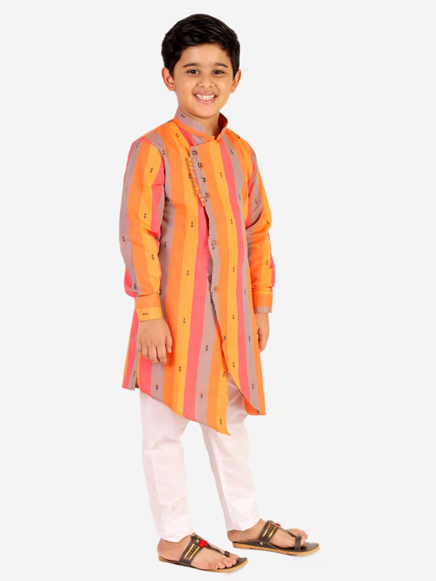 Pro-Ethic Style Developer Kids Orange & White Striped Full Sleeves Kurta with Pyjamas