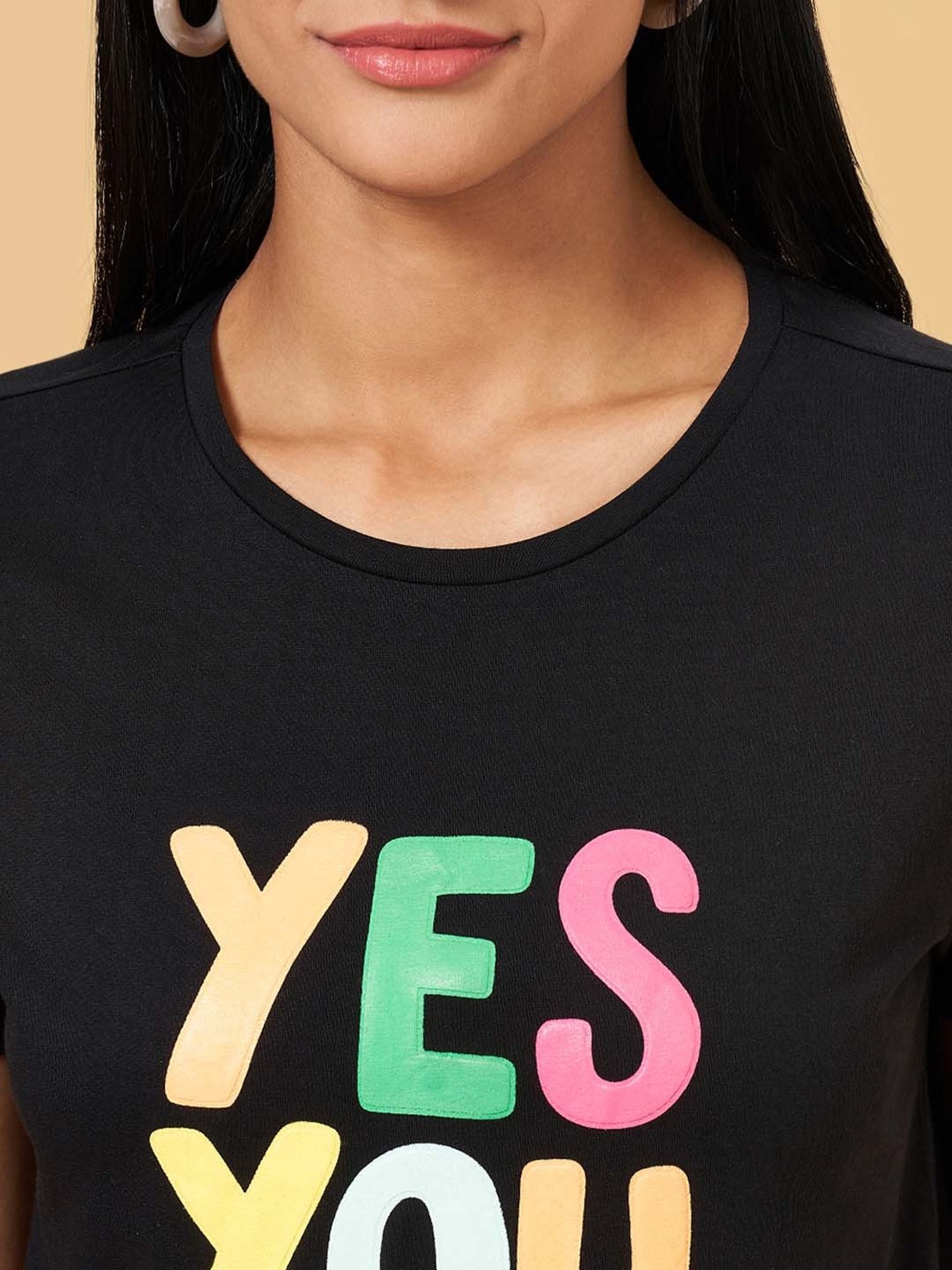 People by Pantaloons Jet Black Cotton Printed T-Shirt