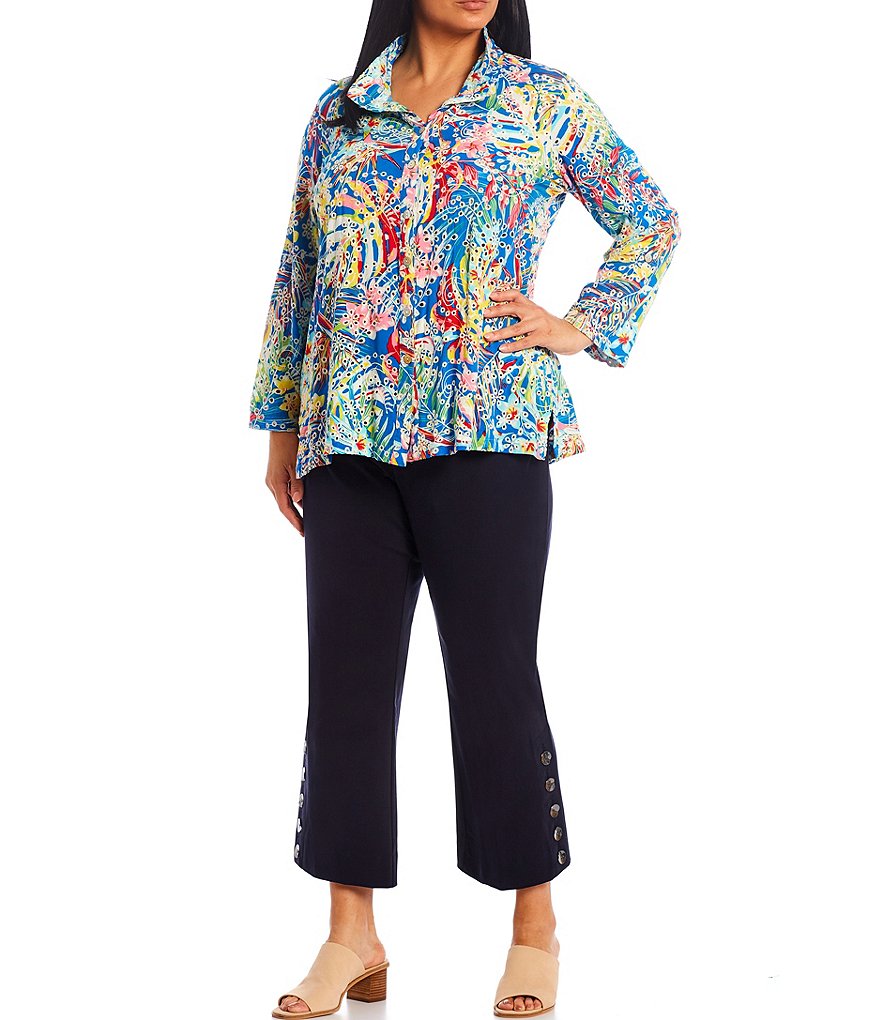 John Mark Plus Size Allover Tropical Print Wire Point Collar Spread Neck Long Roll-Tab Sleeve Button Down Blouse